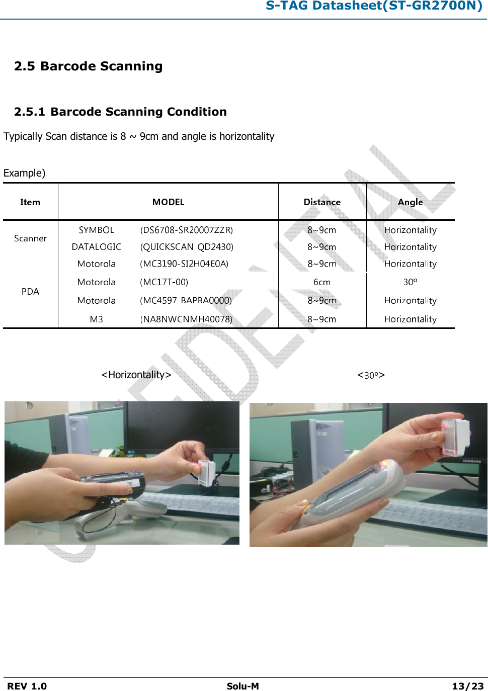 S-TAG Datasheet(ST-GR2700N)REV 1.0  Solu-M 13/23 2.5 Barcode Scanning 2.5.1 Barcode Scanning Condition Typically Scan distance is 8 ~ 9cm and angle is horizontality Example) &lt;Horizontality&gt;                                                          &lt; &gt; 