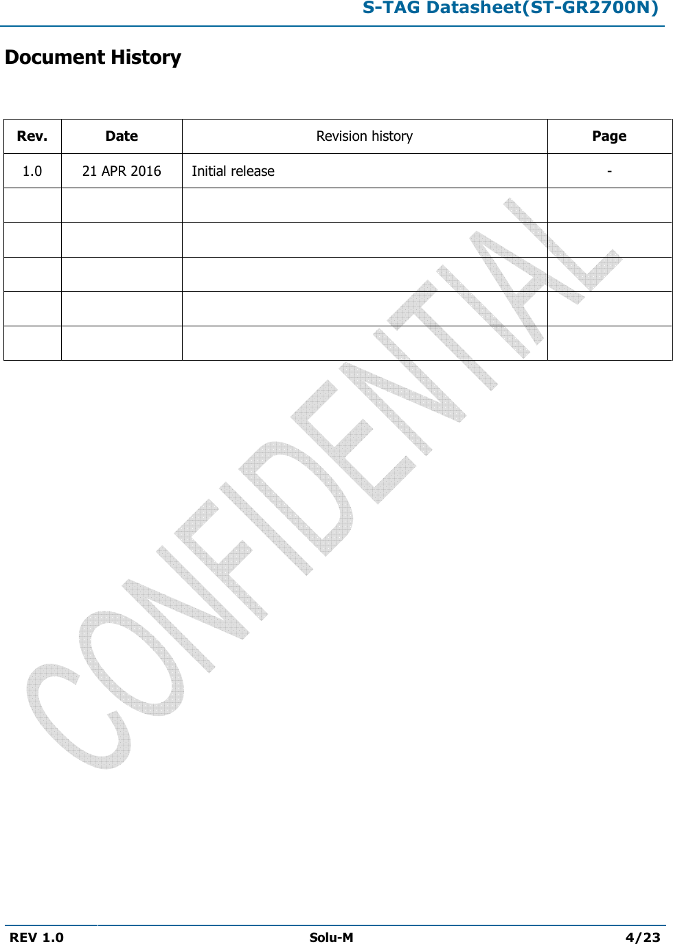 S-TAG Datasheet(ST-GR2700N)REV 1.0  Solu-M 4/23 Document History Rev.  Date  Revision history  Page 1.0  21 APR 2016   Initial release  -