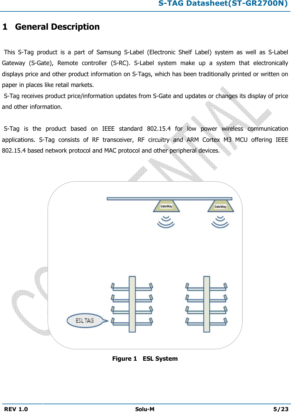 S-TAG Datasheet(ST-GR2700N)REV 1.0  Solu-M 5/23 1 General Description  This  S-Tag  product  is  a  part  of  Samsung  S-Label  (Electronic  Shelf  Label)  system  as  well  as  S-Label Gateway  (S-Gate),  Remote  controller  (S-RC).  S-Label  system  make  up  a  system  that  electronically displays price and other product information on S-Tags, which has been traditionally printed or written on paper in places like retail markets. S-Tag receives product price/information updates from S-Gate and updates or changes its display of priceand other information. S-Tag  is  the  product  based  on  IEEE  standard  802.15.4  for  low  power  wireless  communicationapplications.  S-Tag  consists  of  RF  transceiver,  RF  circuitry  and  ARM  Cortex  M3  MCU  offering  IEEE 802.15.4 based network protocol and MAC protocol and other peripheral devices. Figure 1   ESL System 