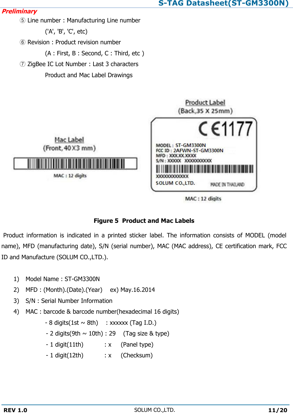 S-TAG Datasheet(ST-GM3300N)Preliminary REV 1.0 SOLUM CO.,LTD.11/20 ⑤Line number : Manufacturing Line number(&apos;A&apos;, &apos;B&apos;, &apos;C&apos;, etc) ⑥Revision : Product revision number(A : First, B : Second, C : Third, etc ) ⑦ZigBee IC Lot Number : Last 3 charactersProduct and Mac Label Drawings Figure 5  Product and Mac Labels  Product  information  is  indicated  in  a  printed  sticker  label.  The  information  consists  of  MODEL  (model name), MFD (manufacturing date),  S/N (serial number), MAC (MAC  address), CE certification mark, FCC ID and Manufacture (SOLUM CO.,LTD.).1) Model Name : ST-GM3300N2) MFD : (Month).(Date).(Year)    ex) May.16.20143) S/N : Serial Number Information4) MAC : barcode &amp; barcode number(hexadecimal 16 digits)   - 8 digits(1st ~ 8th)    : xxxxxx (Tag I.D.)    - 2 digits(9th ~ 10th) : 29    (Tag size &amp; type) - 1 digit(11th)     : x     (Panel type) - 1 digit(12th)      : x     (Checksum) 