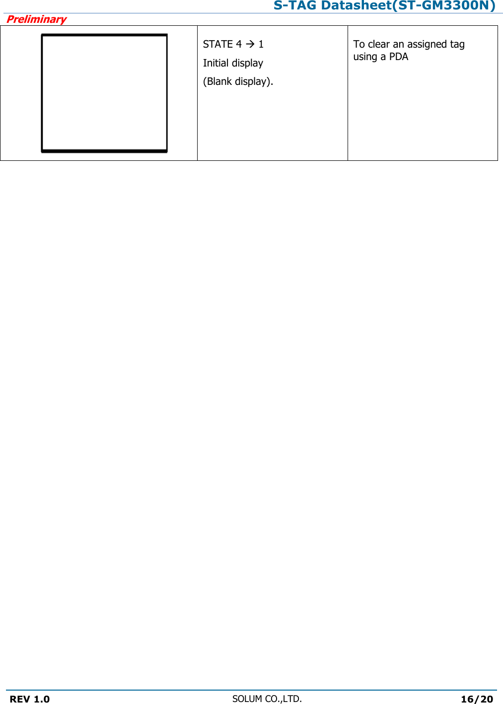 S-TAG Datasheet(ST-GM3300N)Preliminary REV 1.0 SOLUM CO.,LTD.16/20 STATE 4  1 Initial display (Blank display). To clear an assigned tag using a PDA 