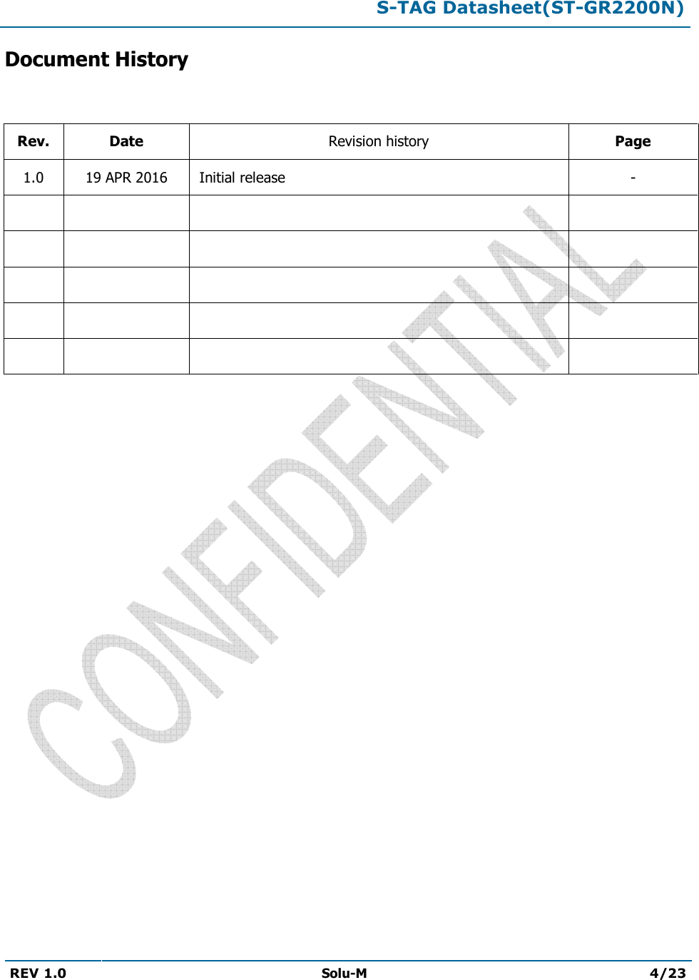  S-TAG Datasheet(ST-GR2200N)  REV 1.0  Solu-M 4/23   Document History   Rev.  Date  Revision history  Page 1.0  19 APR 2016    Initial release   -                                     