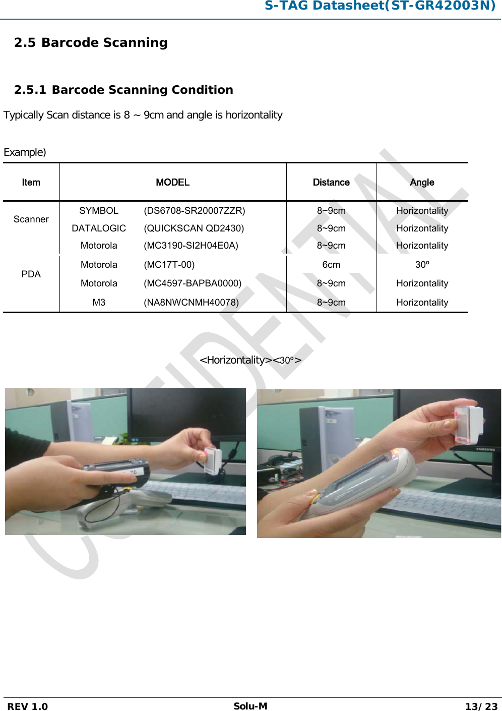  S-TAG Datasheet(ST-GR42003N)  REV 1.0 Solu-M 13/23   2.5 Barcode Scanning  2.5.1 Barcode Scanning Condition Typically Scan distance is 8 ~ 9cm and angle is horizontality  Example) Item MODEL  Distance Angle Scanner SYMBOL  (DS6708-SR20007ZZR) 8~9cm Horizontality DATALOGIC (QUICKSCAN QD2430) 8~9cm Horizontality PDA Motorola (MC3190-SI2H04E0A) 8~9cm Horizontality Motorola (MC17T-00) 6cm 30º Motorola (MC4597-BAPBA0000)  8~9cm Horizontality M3 (NA8NWCNMH40078) 8~9cm Horizontality   &lt;Horizontality&gt;&lt;30º&gt;   