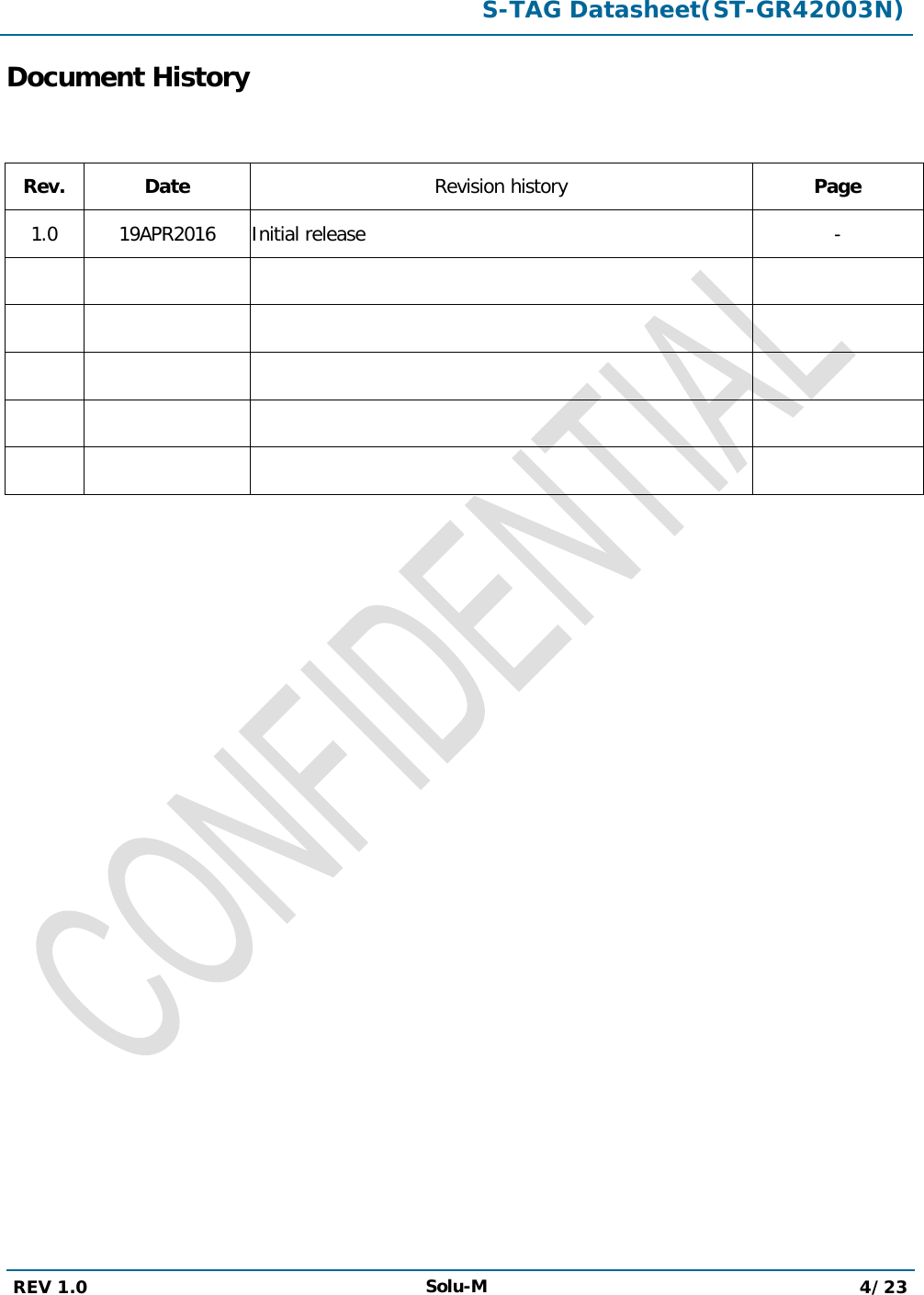  S-TAG Datasheet(ST-GR42003N)  REV 1.0 Solu-M 4/23   Document History   Rev. Date Revision history Page 1.0 19APR2016  Initial release   -                                     