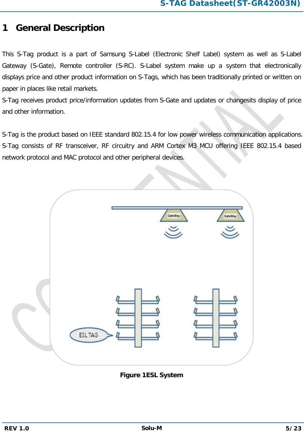  S-TAG Datasheet(ST-GR42003N)  REV 1.0 Solu-M 5/23   1 General Description  This  S-Tag product is a part of Samsung S-Label (Electronic Shelf Label) system as well as S-Label Gateway  (S-Gate), Remote controller (S-RC). S-Label system make up a system that electronically displays price and other product information on S-Tags, which has been traditionally printed or written on paper in places like retail markets. S-Tag receives product price/information updates from S-Gate and updates or changesits display of price and other information.  S-Tag is the product based on IEEE standard 802.15.4 for low power wireless communication applications. S-Tag consists of RF transceiver, RF circuitry and ARM Cortex M3 MCU offering IEEE 802.15.4 based network protocol and MAC protocol and other peripheral devices.    Figure 1ESL System 