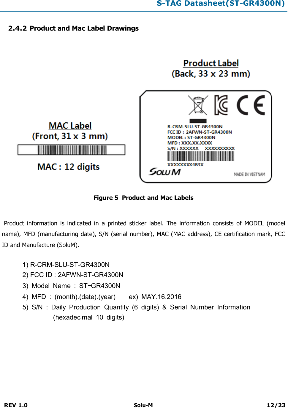  S-TAG Datasheet(ST-GR4300N)  REV 1.0  Solu-M 12/23   2.4.2 Product and Mac Label Drawings   Figure 5  Product and Mac Labels   Product  information  is  indicated  in  a  printed  sticker  label.  The  information  consists  of  MODEL  (model name), MFD (manufacturing date), S/N (serial number), MAC (MAC address), CE certification mark, FCC ID and Manufacture (SoluM).  1) R-CRM-SLU-ST-GR4300N 2) FCC ID : 2AFWN-ST-GR4300N 3)  Model  Name  :  ST GR4300N 4)  MFD  :  (month).(date).(year)        ex)  MAY.16.2016 5)  S/N  :  Daily  Production  Quantity  (6  digits)  &amp;  Serial  Number  Information (hexadecimal  10  digits)        