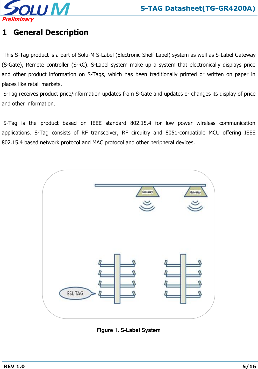  S-TAG Datasheet(TG-GR4200A) Preliminary REV 1.0  5/16   1 General Description   This S-Tag product is a part of Solu-M S-Label (Electronic Shelf Label) system as well as S-Label Gateway (S-Gate),  Remote  controller  (S-RC).  S-Label  system  make  up  a  system  that  electronically  displays  price and  other  product  information  on  S-Tags,  which  has  been  traditionally  printed  or  written  on  paper  in places like retail markets.  S-Tag receives product price/information updates from S-Gate and updates or changes its display of price and other information.   S-Tag  is  the  product  based  on  IEEE  standard  802.15.4  for  low  power  wireless  communication applications.  S-Tag  consists  of  RF  transceiver,  RF  circuitry  and  8051-compatible  MCU  offering  IEEE 802.15.4 based network protocol and MAC protocol and other peripheral devices.    Figure 1. S-Label System 