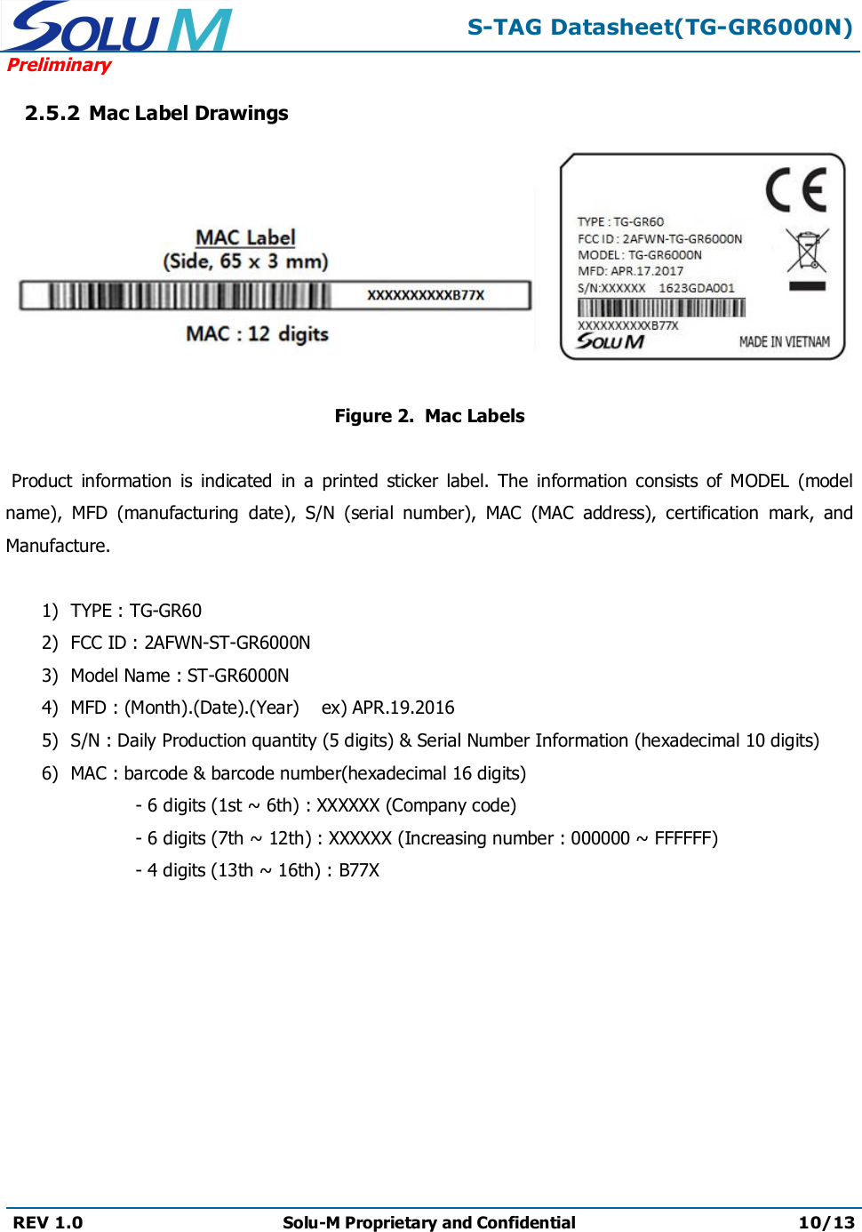 S-TAG Datasheet(TG-GR6000N)PreliminaryREV 1.0 Solu-M Proprietary and Confidential 10/132.5.2 Mac Label DrawingsFigure 2. Mac LabelsProduct  information  is  indicated  in  a  printed  sticker  label.  The  information  consists  of  MODEL  (model name),  MFD  (manufacturing  date),  S/N  (serial  number),  MAC  (MAC  address),  certification  mark,  and Manufacture.1) TYPE : TG-GR602) FCC ID : 2AFWN-ST-GR6000N3) Model Name : ST-GR6000N4) MFD : (Month).(Date).(Year)  ex) APR.19.20165) S/N : Daily Production quantity (5 digits) &amp; Serial Number Information (hexadecimal 10 digits)6) MAC : barcode &amp; barcode number(hexadecimal 16 digits)- 6 digits (1st ~ 6th) : XXXXXX (Company code)- 6 digits (7th ~ 12th) : XXXXXX (Increasing number : 000000 ~ FFFFFF)- 4 digits (13th ~ 16th) : B77X