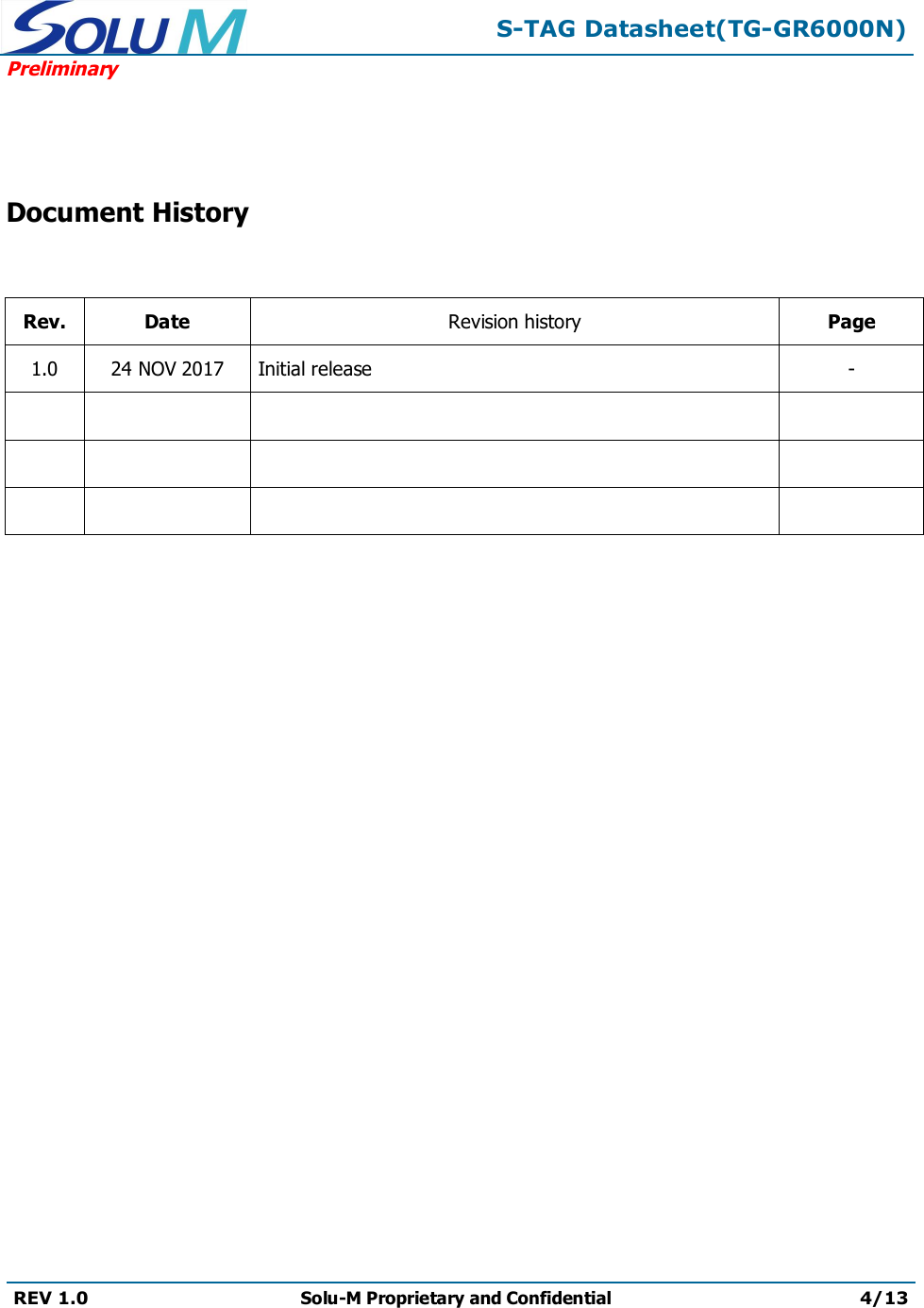 S-TAG Datasheet(TG-GR6000N)PreliminaryREV 1.0 Solu-M Proprietary and Confidential 4/13Document HistoryRev. Date Revision history Page1.0 24 NOV 2017 Initial release -