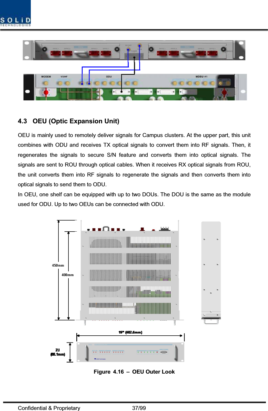 Confidential &amp; Proprietary                   37/99 4.3  OEU (Optic Expansion Unit) OEU is mainly used to remotely deliver signals for Campus clusters. At the upper part, this unit combines with ODU and receives TX optical signals to convert them into RF signals. Then, it regenerates the signals to secure S/N feature and converts them into optical signals. The signals are sent to ROU through optical cables. When it receives RX optical signals from ROU, the unit converts them into RF signals to regenerate the signals and then converts them into optical signals to send them to ODU. In OEU, one shelf can be equipped with up to two DOUs. The DOU is the same as the module used for ODU. Up to two OEUs can be connected with ODU. Figure 4.16 – OEU Outer Look 