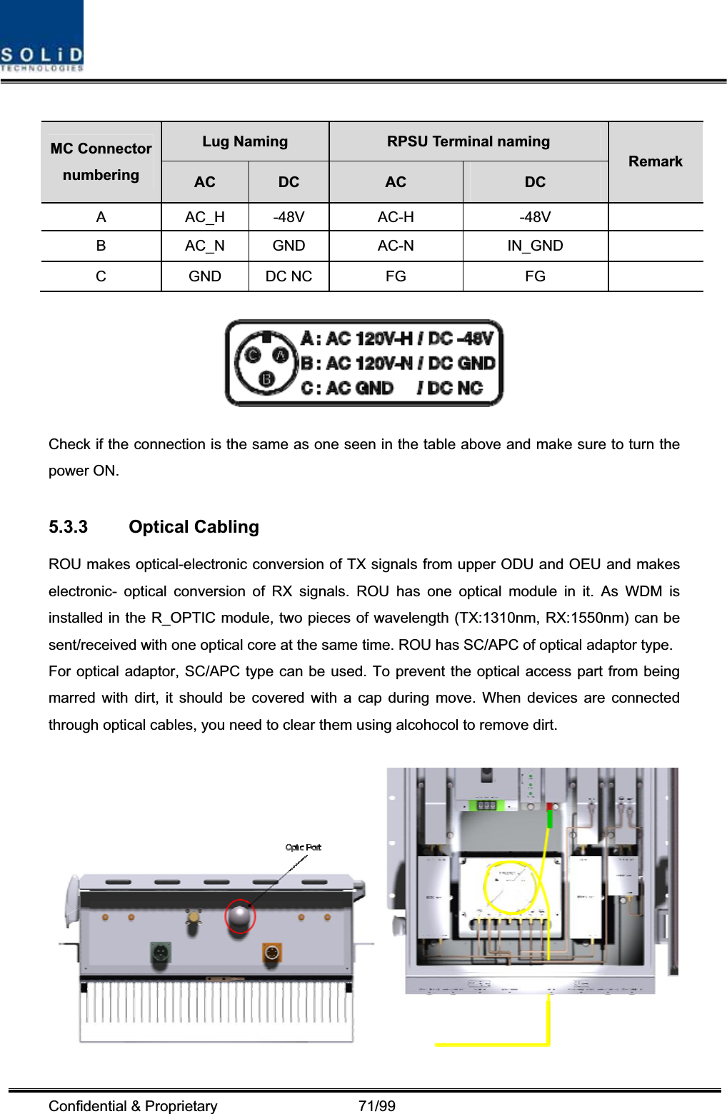 Confidential &amp; Proprietary                   71/99 Lug Naming  RPSU Terminal naming MC Connector numbering AC DC AC DCRemark A AC_H -48V AC-H  -48V   B AC_N GND AC-N  IN_GND   C GND DC NC FG  FG   Check if the connection is the same as one seen in the table above and make sure to turn the power ON. 5.3.3 Optical Cabling ROU makes optical-electronic conversion of TX signals from upper ODU and OEU and makes electronic- optical conversion of RX signals. ROU has one optical module in it. As WDM is installed in the R_OPTIC module, two pieces of wavelength (TX:1310nm, RX:1550nm) can be sent/received with one optical core at the same time. ROU has SC/APC of optical adaptor type. For optical adaptor, SC/APC type can be used. To prevent the optical access part from being marred with dirt, it should be covered with a cap during move. When devices are connected through optical cables, you need to clear them using alcohocol to remove dirt. 