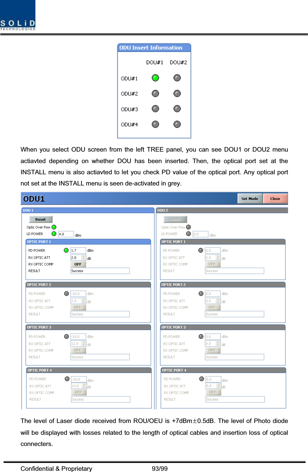 Confidential &amp; Proprietary                   93/99 When you select ODU screen from the left TREE panel, you can see DOU1 or DOU2 menu actiavted depending on whether DOU has been inserted. Then, the optical port set at the INSTALL menu is also actiavted to let you check PD value of the optical port. Any optical port not set at the INSTALL menu is seen de-activated in grey. The level of Laser diode received from ROU/OEU is +7dBm·0.5dB. The level of Photo diode will be displayed with losses related to the length of optical cables and insertion loss of optical connecters. 