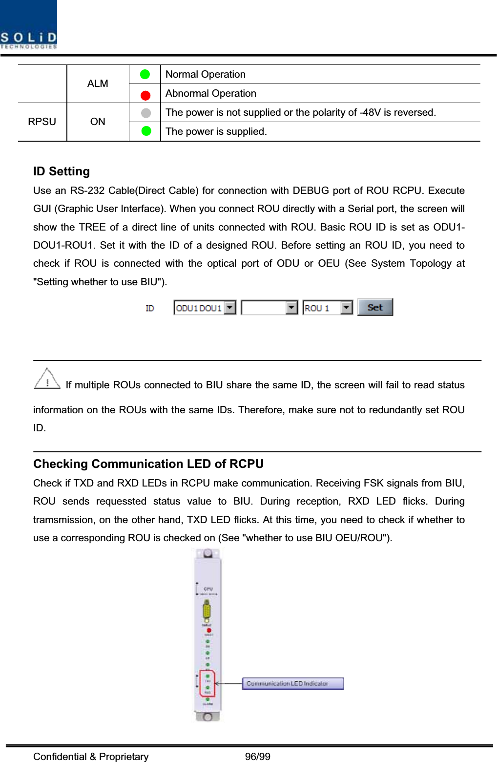 Confidential &amp; Proprietary                   96/99  Normal Operation ALM Abnormal Operation   The power is not supplied or the polarity of -48V is reversed. RPSU ON   The power is supplied. ID Setting Use an RS-232 Cable(Direct Cable) for connection with DEBUG port of ROU RCPU. Execute GUI (Graphic User Interface). When you connect ROU directly with a Serial port, the screen will show the TREE of a direct line of units connected with ROU. Basic ROU ID is set as ODU1-DOU1-ROU1. Set it with the ID of a designed ROU. Before setting an ROU ID, you need to check if ROU is connected with the optical port of ODU or OEU (See System Topology at &quot;Setting whether to use BIU&quot;).   If multiple ROUs connected to BIU share the same ID, the screen will fail to read status information on the ROUs with the same IDs. Therefore, make sure not to redundantly set ROU ID.Checking Communication LED of RCPU Check if TXD and RXD LEDs in RCPU make communication. Receiving FSK signals from BIU, ROU sends requessted status value to BIU. During reception, RXD LED flicks. During tramsmission, on the other hand, TXD LED flicks. At this time, you need to check if whether to use a corresponding ROU is checked on (See &quot;whether to use BIU OEU/ROU&quot;). 