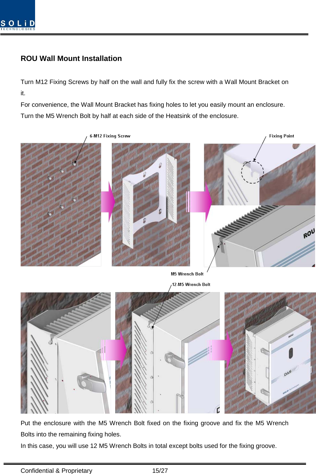  Confidential &amp; Proprietary                   15/27  ROU Wall Mount Installation  Turn M12 Fixing Screws by half on the wall and fully fix the screw with a Wall Mount Bracket on it. For convenience, the Wall Mount Bracket has fixing holes to let you easily mount an enclosure.   Turn the M5 Wrench Bolt by half at each side of the Heatsink of the enclosure.    Put the enclosure with the M5 Wrench Bolt fixed on the fixing groove and fix the M5 Wrench Bolts into the remaining fixing holes. In this case, you will use 12 M5 Wrench Bolts in total except bolts used for the fixing groove. 