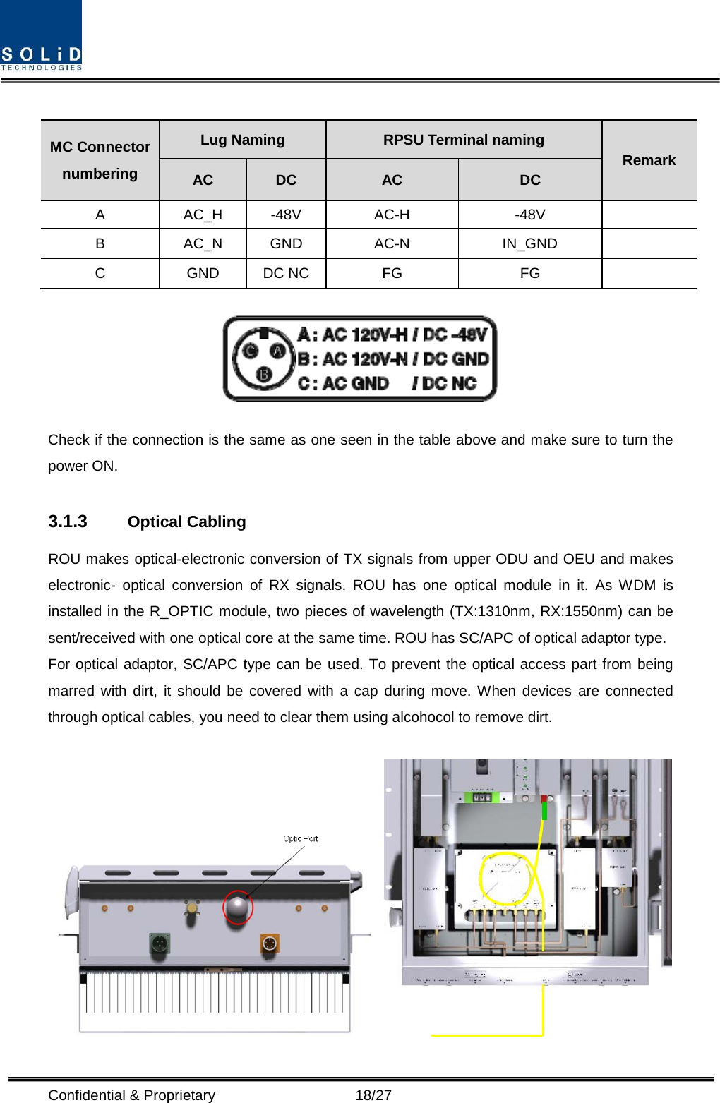  Confidential &amp; Proprietary                   18/27  MC Connector numbering Lug Naming RPSU Terminal naming Remark AC DC AC DC A  AC_H  -48V AC-H  -48V   B  AC_N  GND AC-N  IN_GND   C  GND DC NC FG FG    Check if the connection is the same as one seen in the table above and make sure to turn the power ON.  3.1.3 Optical Cabling ROU makes optical-electronic conversion of TX signals from upper ODU and OEU and makes electronic-  optical conversion of RX signals. ROU has one optical module in it. As WDM is installed in the R_OPTIC module, two pieces of wavelength (TX:1310nm, RX:1550nm) can be sent/received with one optical core at the same time. ROU has SC/APC of optical adaptor type. For optical adaptor, SC/APC type can be used. To prevent the optical access part from being marred with dirt, it should be covered with a cap during move. When devices are connected through optical cables, you need to clear them using alcohocol to remove dirt.   