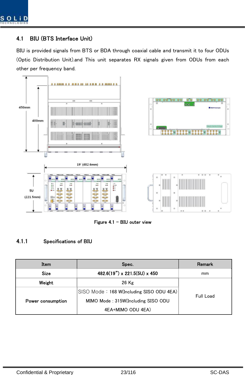  Confidential &amp; Proprietary                   23/116   SC-DAS 4.1 BIU (BTS Interface Unit) BIU is provided signals from BTS or BDA through coaxial cable and transmit it to four ODUs (Optic  Distribution  Unit).and  This  unit  separates  RX  signals  given  from  ODUs  from  each other per frequency band.    Figure 4.1 – BIU outer view  4.1.1 Specifications of BIU   Item  Spec.  Remark Size  482.6(19”) x 221.5(5U) x 450  mm Weight  26 Kg Power consumption SISO Mode : 168 W(Including SISO ODU 4EA)MIMO Mode : 315W(Including SISO ODU 4EA+MIMO ODU 4EA) Full Load 