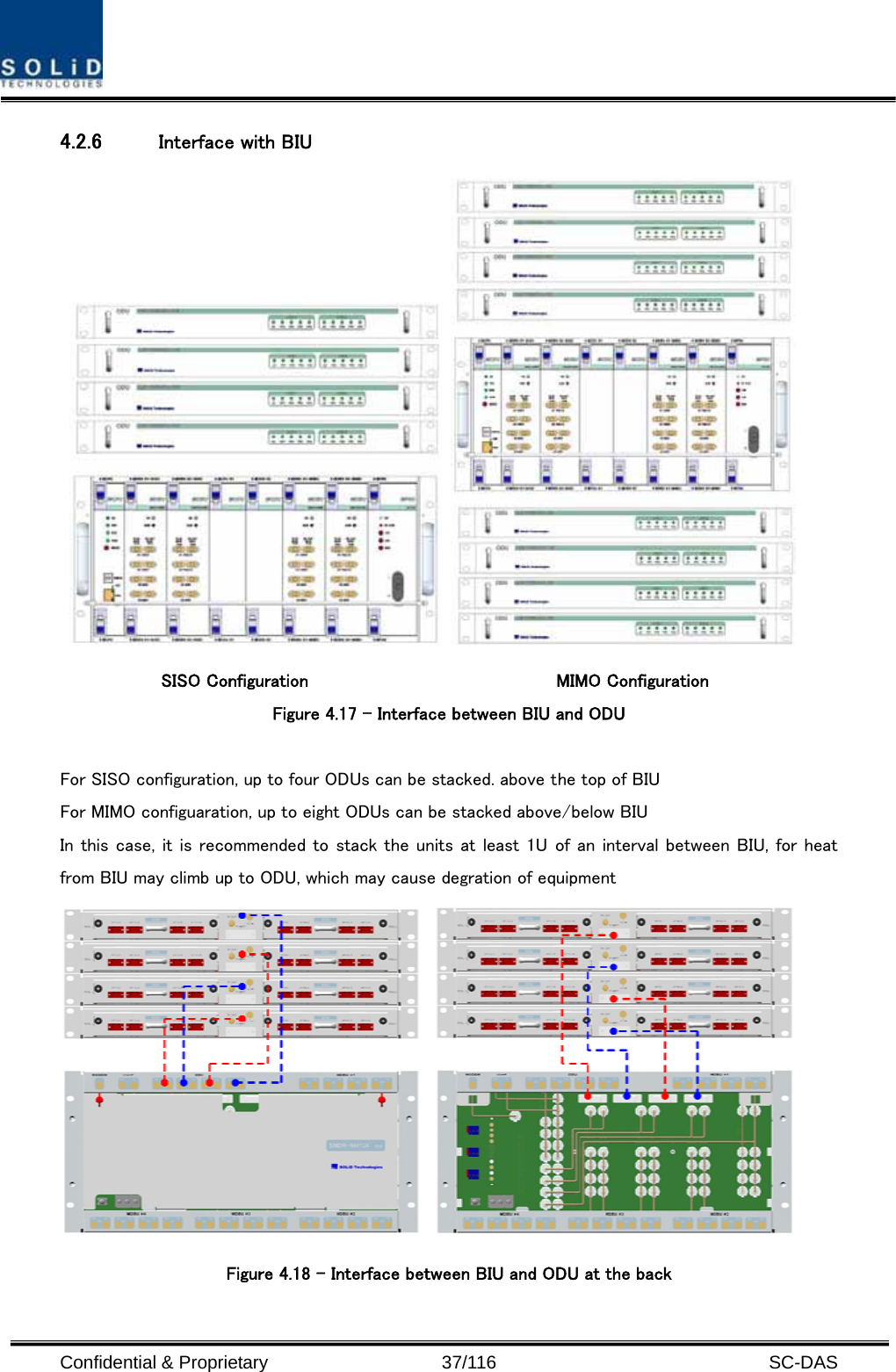  Confidential &amp; Proprietary                   37/116   SC-DAS 4.2.6 Interface with BIU     SISO Configuration                           MIMO Configuration Figure 4.17 – Interface between BIU and ODU  For SISO configuration, up to four ODUs can be stacked. above the top of BIU For MIMO configuaration, up to eight ODUs can be stacked above/below BIU In this case, it is recommended to stack the units at least 1U of an interval between BIU, for heat from BIU may climb up to ODU, which may cause degration of equipment  Figure 4.18 – Interface between BIU and ODU at the back    