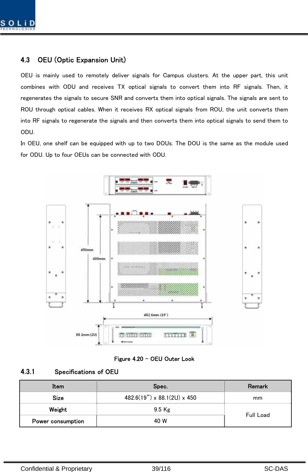  Confidential &amp; Proprietary                   39/116   SC-DAS  4.3 OEU (Optic Expansion Unit) OEU  is  mainly  used  to  remotely  deliver  signals  for  Campus  clusters.  At  the  upper  part,  this  unit combines  with  ODU  and  receives  TX  optical  signals  to  convert  them  into  RF  signals.  Then,  it regenerates the signals to secure SNR and converts them into optical signals. The signals are sent to ROU through optical cables. When it receives RX optical signals from ROU, the unit converts them into RF signals to regenerate the signals and then converts them into optical signals to send them to ODU. In OEU, one shelf can be equipped with up to two DOUs. The DOU is the same as the module used for ODU. Up to four OEUs can be connected with ODU.   Figure 4.20 – OEU Outer Look 4.3.1 Specifications of OEU Item  Spec.  Remark Size  482.6(19”) x 88.1(2U) x 450  mm Weight   9.5 Kg Power consumption  40 W  Full Load 