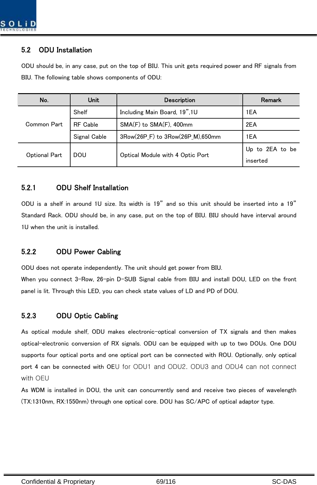  Confidential &amp; Proprietary                   69/116   SC-DAS 5.2 ODU Installation ODU should be, in any case, put on the top of BIU. This unit gets required power and RF signals from BIU. The following table shows components of ODU:  No.  Unit  Description  Remark Shelf  Including Main Board, 19”,1U  1EA RF Cable  SMA(F) to SMA(F), 400mm  2EA Common Part Signal Cable  3Row(26P_F) to 3Row(26P_M),650mm  1EA Optional Part  DOU  Optical Module with 4 Optic Port  Up to 2EA to be inserted  5.2.1 ODU Shelf Installation ODU is a shelf in around 1U size. Its width is 19” and so this unit  should be  inserted  into a  19” Standard Rack. ODU should be, in any case, put on the top of BIU. BIU should have interval around 1U when the unit is installed.  5.2.2 ODU Power Cabling ODU does not operate independently. The unit should get power from BIU. When you connect 3-Row, 26-pin D-SUB Signal cable from BIU and install DOU, LED on the front panel is lit. Through this LED, you can check state values of LD and PD of DOU.  5.2.3 ODU Optic Cabling As  optical  module  shelf,  ODU  makes  electronic-optical  conversion  of  TX  signals  and  then  makes optical-electronic conversion of RX signals. ODU can be equipped with up to two DOUs. One DOU supports four optical ports and one optical port can be connected with ROU. Optionally, only optical port 4 can be connected with OEU for ODU1 and ODU2. ODU3 and ODU4 can not connect with OEU As WDM is installed in  DOU, the unit can concurrently send and  receive two pieces of wavelength (TX:1310nm, RX:1550nm) through one optical core. DOU has SC/APC of optical adaptor type. 