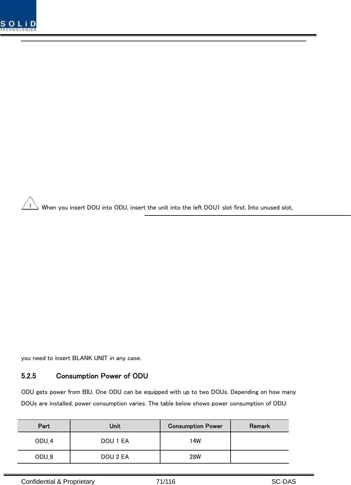  Confidential &amp; Proprietary                   71/116   SC-DAS    When you insert DOU into ODU, insert the unit into the left DOU1 slot first. Into unused slot, you need to insert BLANK UNIT in any case.   5.2.5 Consumption Power of ODU   ODU gets power from BIU. One ODU can be equipped with up to two DOUs. Depending on how many DOUs are installed, power consumption varies. The table below shows power consumption of ODU:  Part  Unit  Consumption Power  Remark ODU_4  DOU 1 EA  14W   ODU_8  DOU 2 EA  28W   