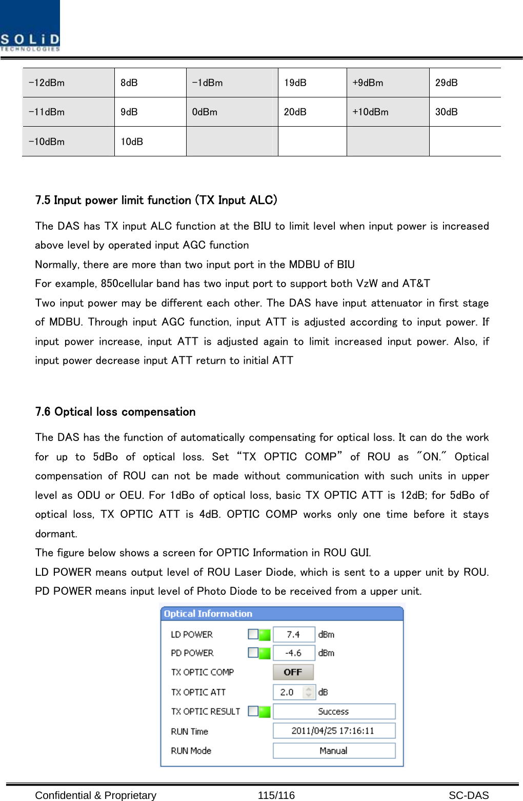  Confidential &amp; Proprietary                   115/116   SC-DAS -12dBm  8dB  -1dBm  19dB  +9dBm  29dB -11dBm  9dB  0dBm  20dB  +10dBm  30dB -10dBm  10dB       7.5 Input power limit function (TX Input ALC) The DAS has TX input ALC function at the BIU to limit level when input power is increased above level by operated input AGC function   Normally, there are more than two input port in the MDBU of BIU For example, 850cellular band has two input port to support both VzW and AT&amp;T Two input power may be different each other. The DAS have input attenuator in first stage of MDBU.  Through input AGC function,  input ATT  is adjusted according to input power. If input  power  increase,  input  ATT  is  adjusted  again  to  limit  increased  input  power.  Also,  if input power decrease input ATT return to initial ATT  7.6 Optical loss compensation   The DAS has the function of automatically compensating for optical loss. It can do the work for up to 5dBo of optical loss. Set “TX OPTIC COMP” of ROU as &quot;ON.&quot;  Optical compensation  of  ROU  can  not  be  made  without  communication  with  such  units  in  upper level as ODU or OEU. For 1dBo of optical loss, basic TX OPTIC ATT is 12dB; for 5dBo of optical  loss,  TX  OPTIC  ATT  is  4dB.  OPTIC  COMP  works  only  one  time  before  it  stays dormant. The figure below shows a screen for OPTIC Information in ROU GUI. LD POWER means output level of ROU Laser Diode, which is sent to a upper unit by ROU. PD POWER means input level of Photo Diode to be received from a upper unit.  