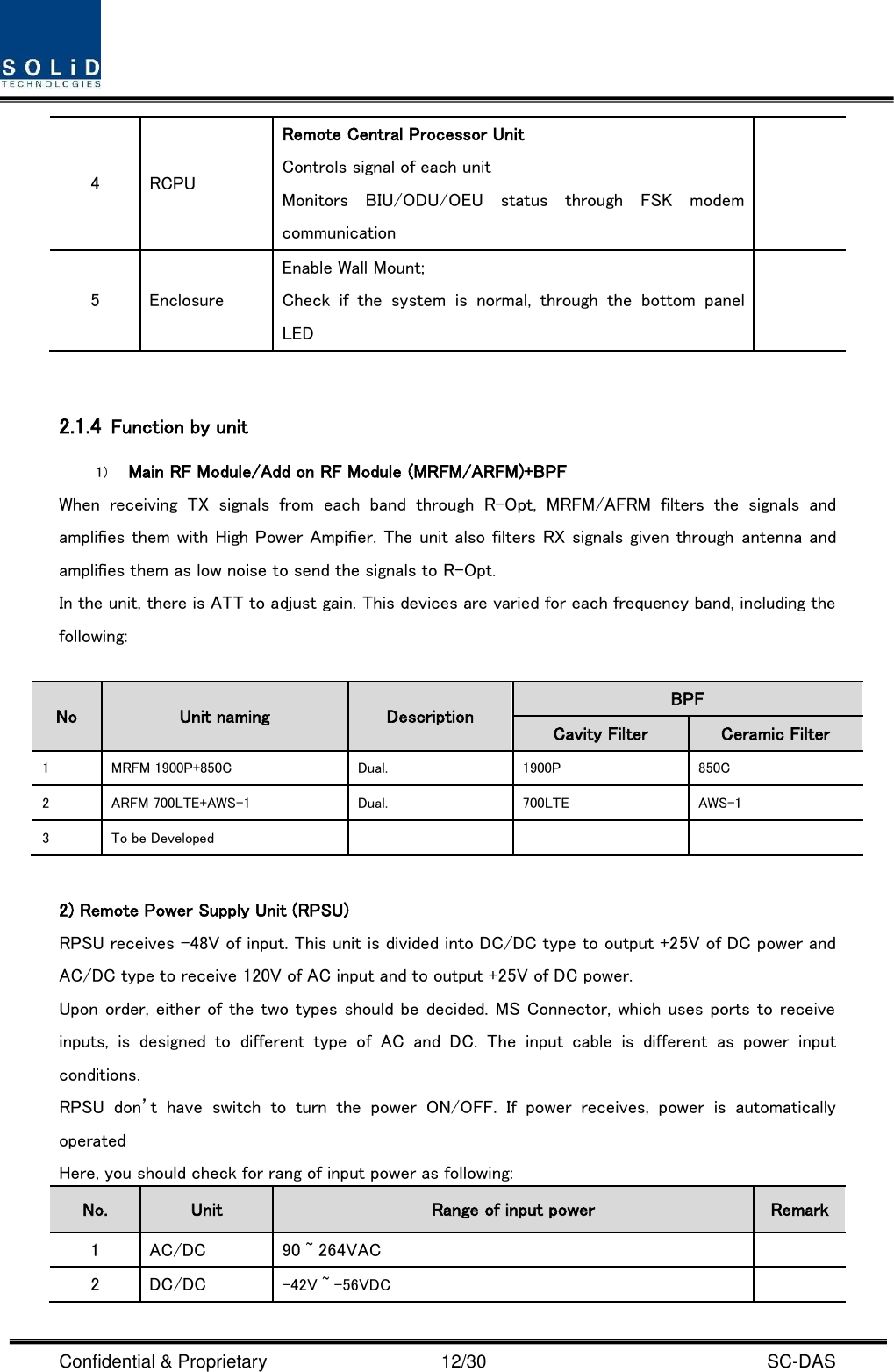  Confidential &amp; Proprietary                                      12/30    SC-DAS 4 RCPU Remote Central Processor Unit Controls signal of each unit Monitors  BIU/ODU/OEU  status  through  FSK  modem communication  5 Enclosure Enable Wall Mount; Check  if  the  system  is  normal,  through  the  bottom  panel LED   2.1.4 Function by unit 1) Main RF Module/Add on RF Module (MRFM/ARFM)+BPF When  receiving  TX  signals  from  each  band  through  R-Opt,  MRFM/AFRM  filters  the  signals  and amplifies them with High Power Ampifier. The unit also filters RX signals given through  antenna and amplifies them as low noise to send the signals to R-Opt.   In the unit, there is ATT to adjust gain. This devices are varied for each frequency band, including the following:  No Unit naming Description BPF   Cavity Filter Ceramic Filter 1 MRFM 1900P+850C   Dual. 1900P 850C 2 ARFM 700LTE+AWS-1 Dual. 700LTE AWS-1 3 To be Developed     2) Remote Power Supply Unit (RPSU) RPSU receives -48V of input. This unit is divided into DC/DC type to output +25V of DC power and AC/DC type to receive 120V of AC input and to output +25V of DC power. Upon order, either of the two types should be decided. MS Connector, which uses ports to receive inputs,  is  designed  to  different  type  of  AC  and  DC.  The  input  cable  is  different  as  power  input conditions. RPSU  don’t  have  switch  to  turn  the  power  ON/OFF.  If  power  receives,  power  is  automatically operated Here, you should check for rang of input power as following: No. Unit Range of input power Remark 1 AC/DC 90 ~ 264VAC  2 DC/DC -42V ~ -56VDC  