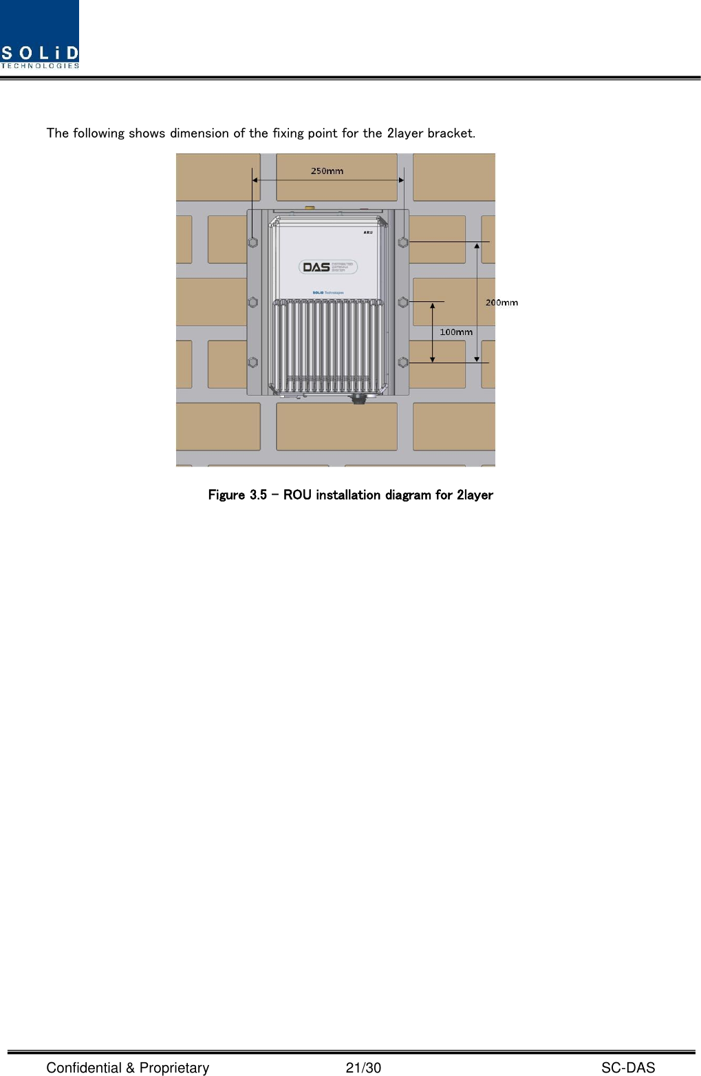  Confidential &amp; Proprietary                                      21/30    SC-DAS  The following shows dimension of the fixing point for the 2layer bracket.  Figure 3.5 – ROU installation diagram for 2layer       