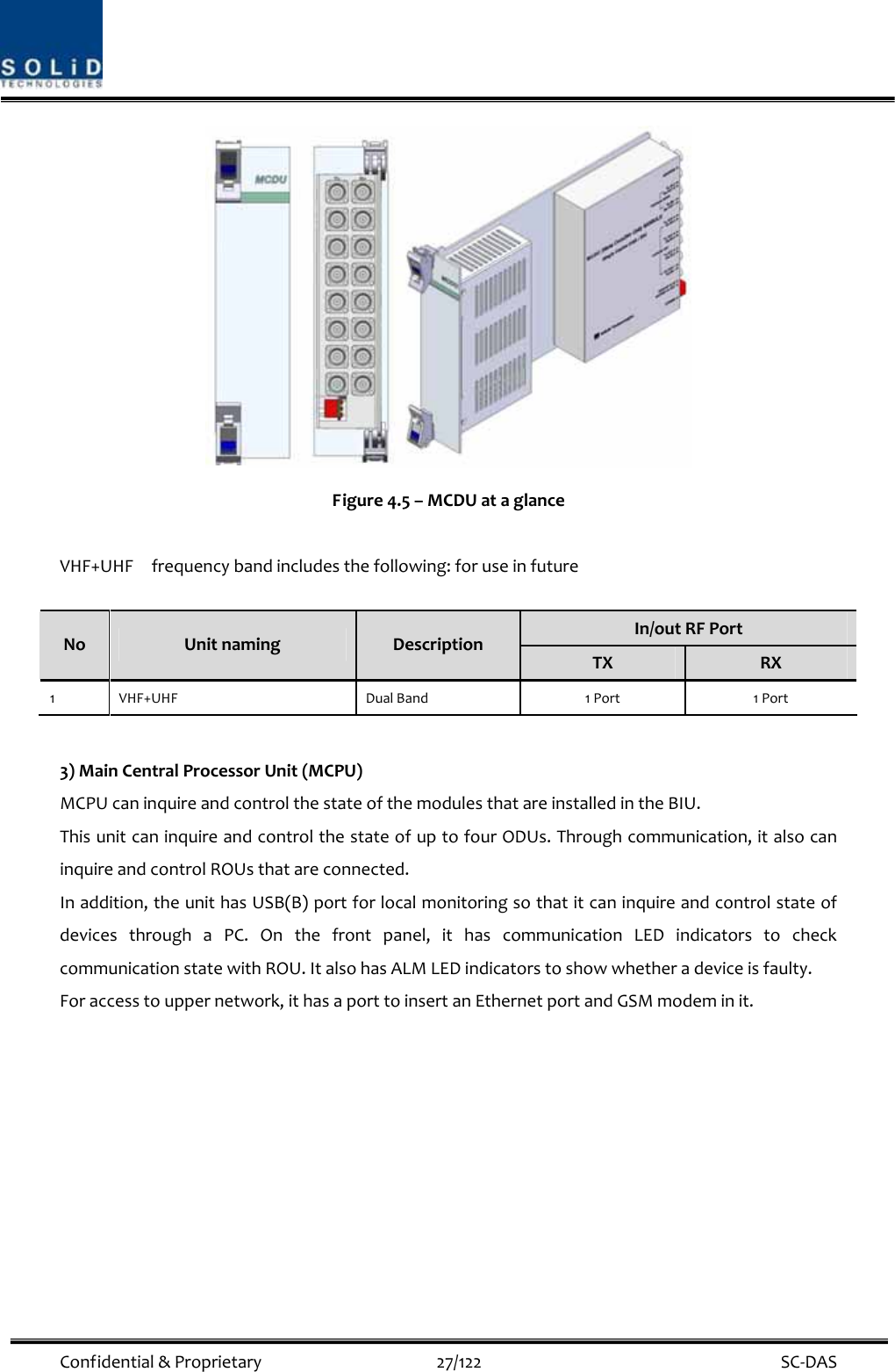  Confidential&amp;Proprietary27/122 SC‐DASFigure4.5–MCDUataglanceVHF+UHFfrequencybandincludesthefollowing:foruseinfutureIn/outRFPortNoUnitnamingDescriptionTXRX1VHF+UHFDualBand1Port1Port3)MainCentralProcessorUnit(MCPU)MCPUcaninquireandcontrolthestateofthemodulesthatareinstalledintheBIU.ThisunitcaninquireandcontrolthestateofuptofourODUs.Throughcommunication,italsocaninquireandcontrolROUsthatareconnected.Inaddition,theunithasUSB(B)portforlocalmonitoringsothatitcaninquireandcontrolstateofdevicesthroughaPC.Onthefrontpanel,ithascommunicationLEDindicatorstocheckcommunicationstatewithROU.ItalsohasALMLEDindicatorstoshowwhetheradeviceisfaulty.Foraccesstouppernetwork,ithasaporttoinsertanEthernetportandGSMmodeminit.