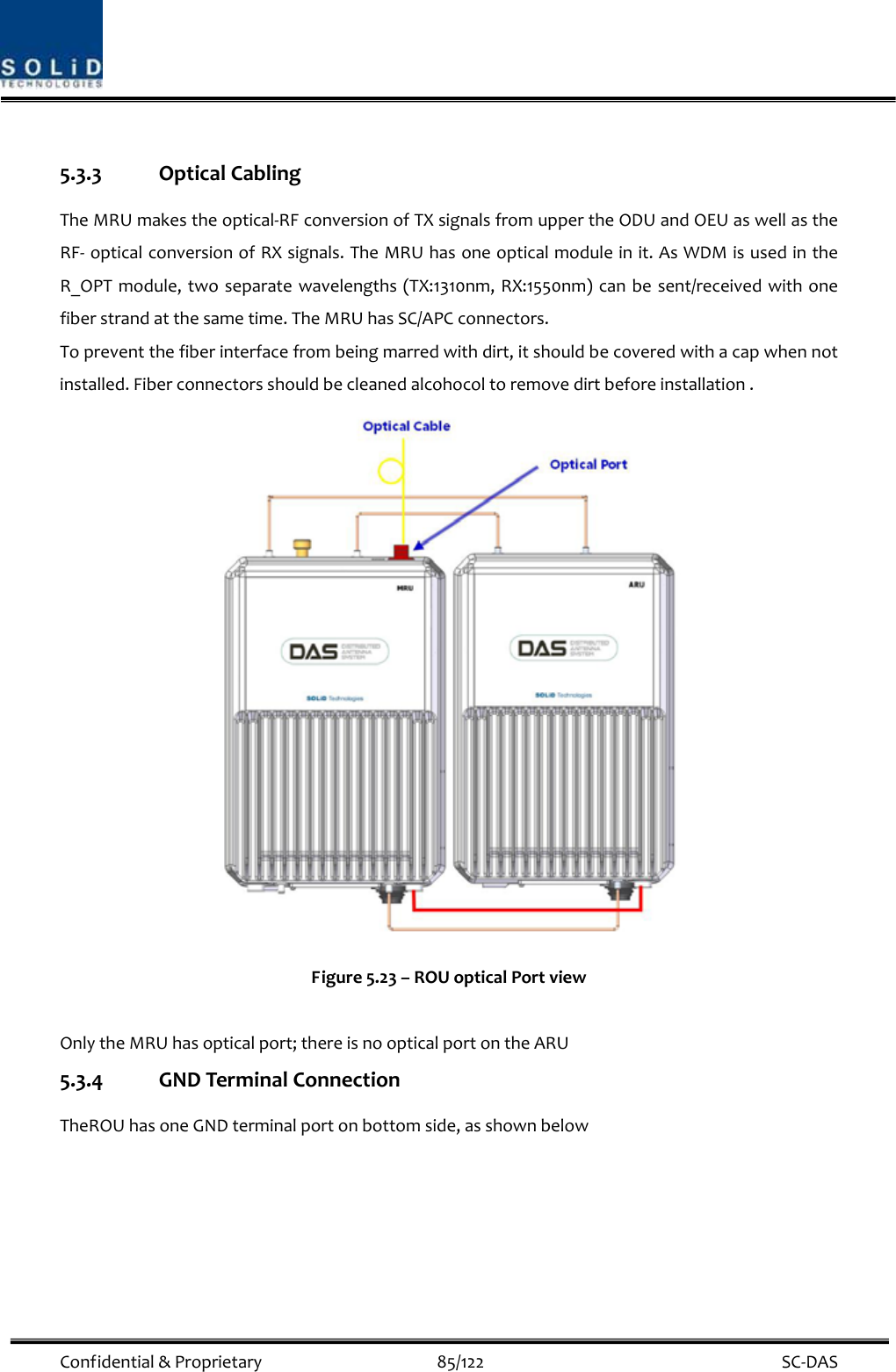  Confidential&amp;Proprietary85/122 SC‐DAS5.3.3 OpticalCablingTheMRUmakestheoptical‐RFconversionofTXsignalsfromuppertheODUandOEUaswellastheRF‐ opticalconversionofRXsignals.TheMRUhasoneopticalmoduleinit.AsWDMisusedintheR_OPTmodule,twoseparatewavelengths(TX:1310nm,RX:1550nm)canbesent/receivedwithonefiberstrandatthesametime.TheMRUhasSC/APCconnectors.Topreventthefiberinterfacefrombeingmarredwithdirt,itshouldbecoveredwithacapwhennotinstalled.Fiberconnectorsshouldbecleanedalcohocoltoremovedirtbeforeinstallation.Figure5.23–ROUopticalPortviewOnlytheMRUhasopticalport;thereisnoopticalportontheARU5.3.4 GNDTerminalConnectionTheROUhasoneGNDterminalportonbottomside,asshownbelow