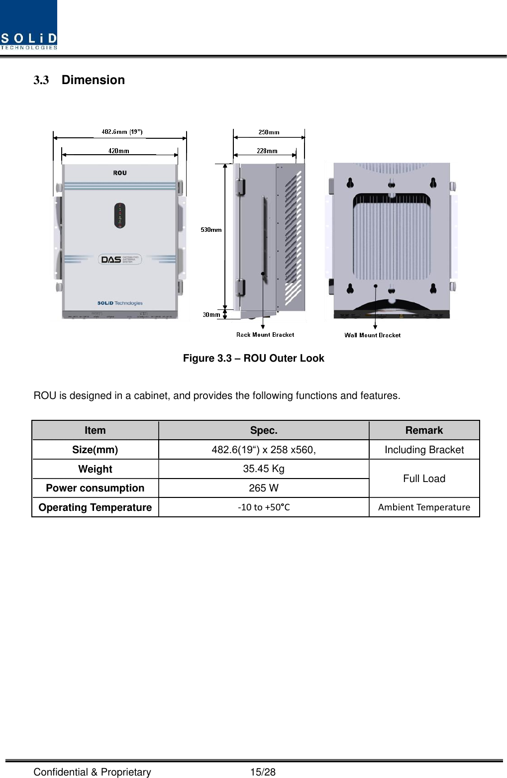  Confidential &amp; Proprietary                                      15/28 3.3  Dimension   Figure 3.3 – ROU Outer Look  ROU is designed in a cabinet, and provides the following functions and features.  Item Spec. Remark Size(mm) 482.6(19“) x 258 x560, Including Bracket Weight 35.45 Kg Full Load Power consumption 265 W Operating Temperature -10 to +50°C Ambient Temperature  