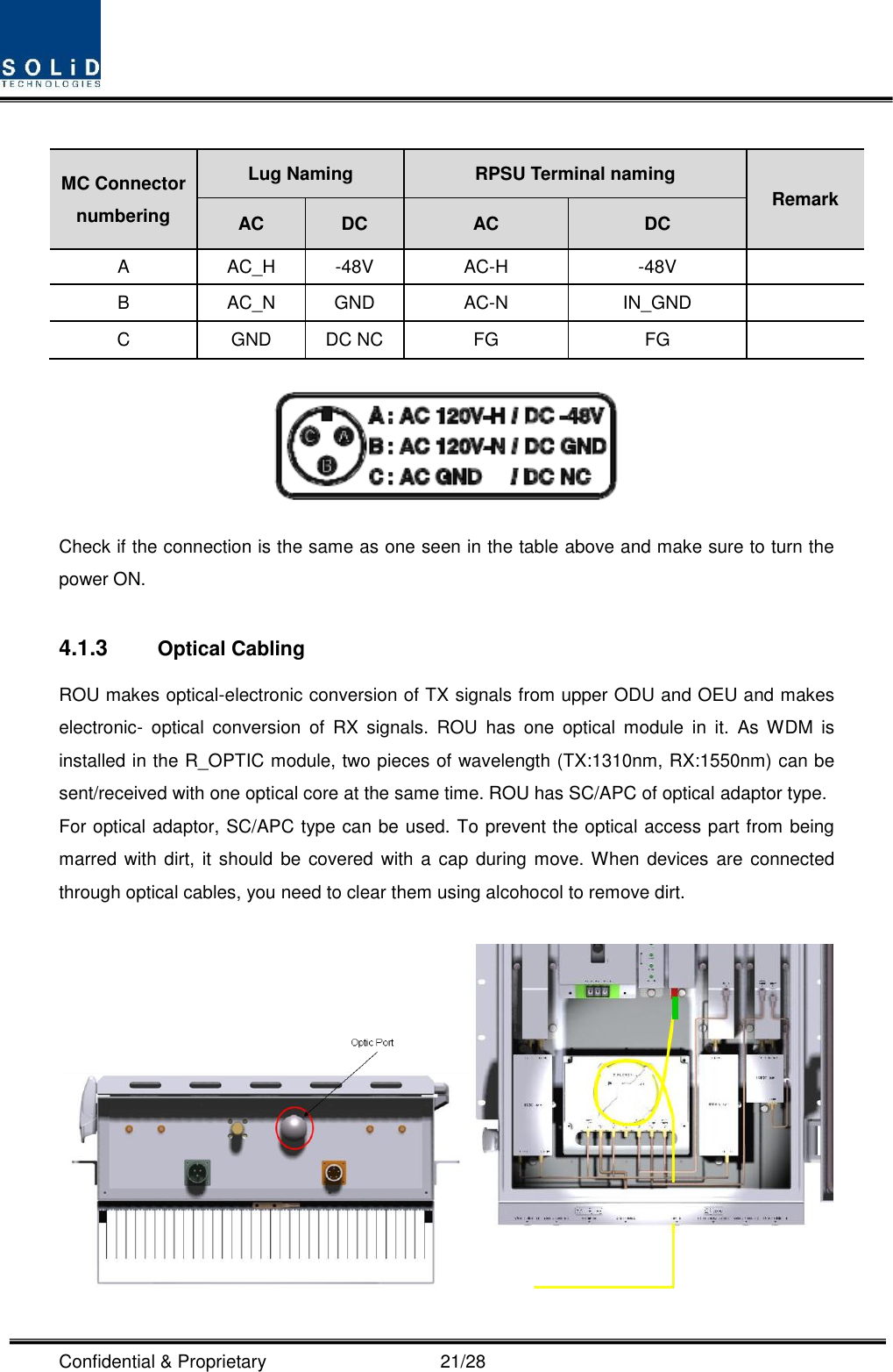  Confidential &amp; Proprietary                                      21/28  MC Connector numbering Lug Naming RPSU Terminal naming Remark AC DC AC DC A AC_H -48V AC-H -48V  B AC_N GND AC-N IN_GND  C GND DC NC FG FG   Check if the connection is the same as one seen in the table above and make sure to turn the power ON.  4.1.3  Optical Cabling ROU makes optical-electronic conversion of TX signals from upper ODU and OEU and makes electronic-  optical  conversion  of  RX  signals.  ROU  has  one  optical  module  in  it.  As  WDM  is installed in the R_OPTIC module, two pieces of wavelength (TX:1310nm, RX:1550nm) can be sent/received with one optical core at the same time. ROU has SC/APC of optical adaptor type. For optical adaptor, SC/APC type can be used. To prevent the optical access part from being marred with dirt,  it should be covered  with a  cap  during move. When  devices are  connected through optical cables, you need to clear them using alcohocol to remove dirt.   