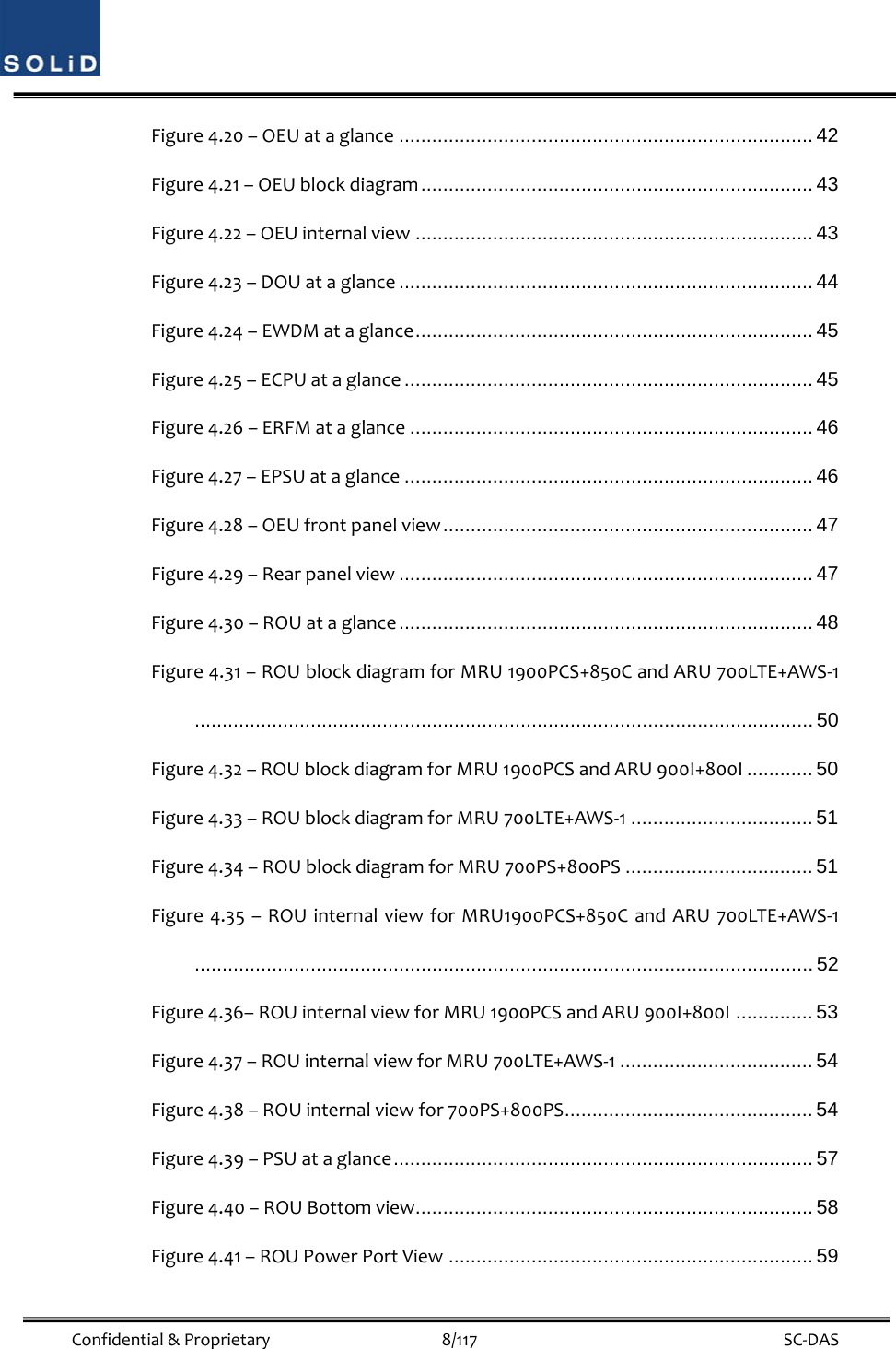 Confidential&amp;Proprietary8/117 SC‐DASFigure4.20–OEUataglance ........................................................................... 42 Figure4.21–OEUblockdiagram ....................................................................... 43 Figure4.22–OEUinternalview ........................................................................ 43 Figure4.23–DOUataglance ........................................................................... 44 Figure4.24–EWDMataglance ........................................................................ 45 Figure4.25–ECPUataglance .......................................................................... 45 Figure4.26–ERFMataglance ......................................................................... 46 Figure4.27–EPSUataglance .......................................................................... 46 Figure4.28–OEUfrontpanelview ................................................................... 47 Figure4.29–Rearpanelview ........................................................................... 47 Figure4.30–ROUataglance ........................................................................... 48 Figure4.31–ROUblockdiagramforMRU1900PCS+850CandARU700LTE+AWS‐1 ................................................................................................................ 50 Figure4.32–ROUblockdiagramforMRU1900PCSandARU900I+800I ............ 50 Figure4.33–ROUblockdiagramforMRU700LTE+AWS‐1 ................................. 51 Figure4.34–ROUblockdiagramforMRU700PS+800PS .................................. 51 Figure4.35–ROUinternalviewforMRU1900PCS+850CandARU700LTE+AWS‐1 ................................................................................................................ 52 Figure4.36–ROUinternalviewforMRU1900PCSandARU900I+800I .............. 53 Figure4.37–ROUinternalviewforMRU700LTE+AWS‐1 ................................... 54 Figure4.38–ROUinternalviewfor700PS+800PS ............................................. 54 Figure4.39–PSUataglance ............................................................................  57 Figure4.40–ROUBottomview ........................................................................ 58 Figure4.41–ROUPowerPortView .................................................................. 59 