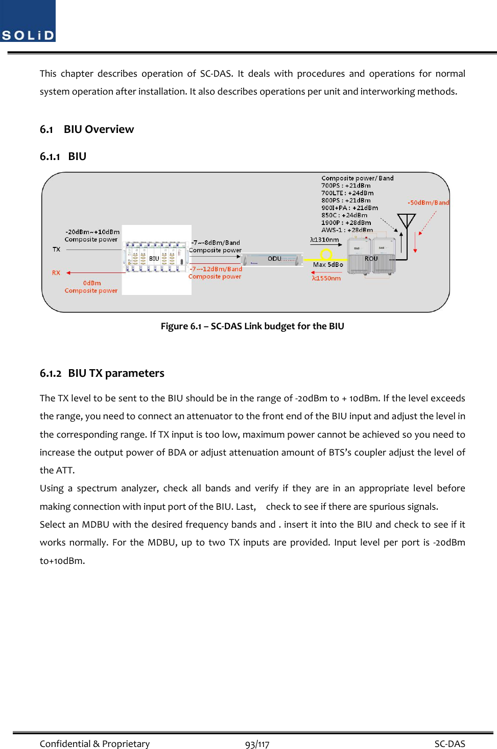  Confidential&amp;Proprietary93/117 SC‐DASThischapterdescribesoperationofSC‐DAS.Itdealswithproceduresandoperationsfornormalsystemoperationafterinstallation.Italsodescribesoperationsperunitandinterworkingmethods.6.1 BIUOverview6.1.1 BIUFigure6.1–SC‐DASLinkbudgetfortheBIU6.1.2 BIUTXparametersTheTXleveltobesenttotheBIUshouldbeintherangeof‐20dBmto+10dBm.Ifthelevelexceedstherange,youneedtoconnectanattenuatortothefrontendoftheBIUinputandadjustthelevelinthecorrespondingrange.IfTXinputistoolow,maximumpowercannotbeachievedsoyouneedtoincreasetheoutputpowerofBDAoradjustattenuationamountofBTS’scoupleradjusttheleveloftheATT.Usingaspectrumanalyzer,checkallbandsandverifyiftheyareinanappropriatelevelbeforemakingconnectionwithinputportoftheBIU.Last,checktoseeiftherearespurioussignals.SelectanMDBUwiththedesiredfrequencybandsand.insertitintotheBIUandchecktoseeifitworksnormally.FortheMDBU,uptotwoTXinputsareprovided.Inputlevelperportis‐20dBmto+10dBm.