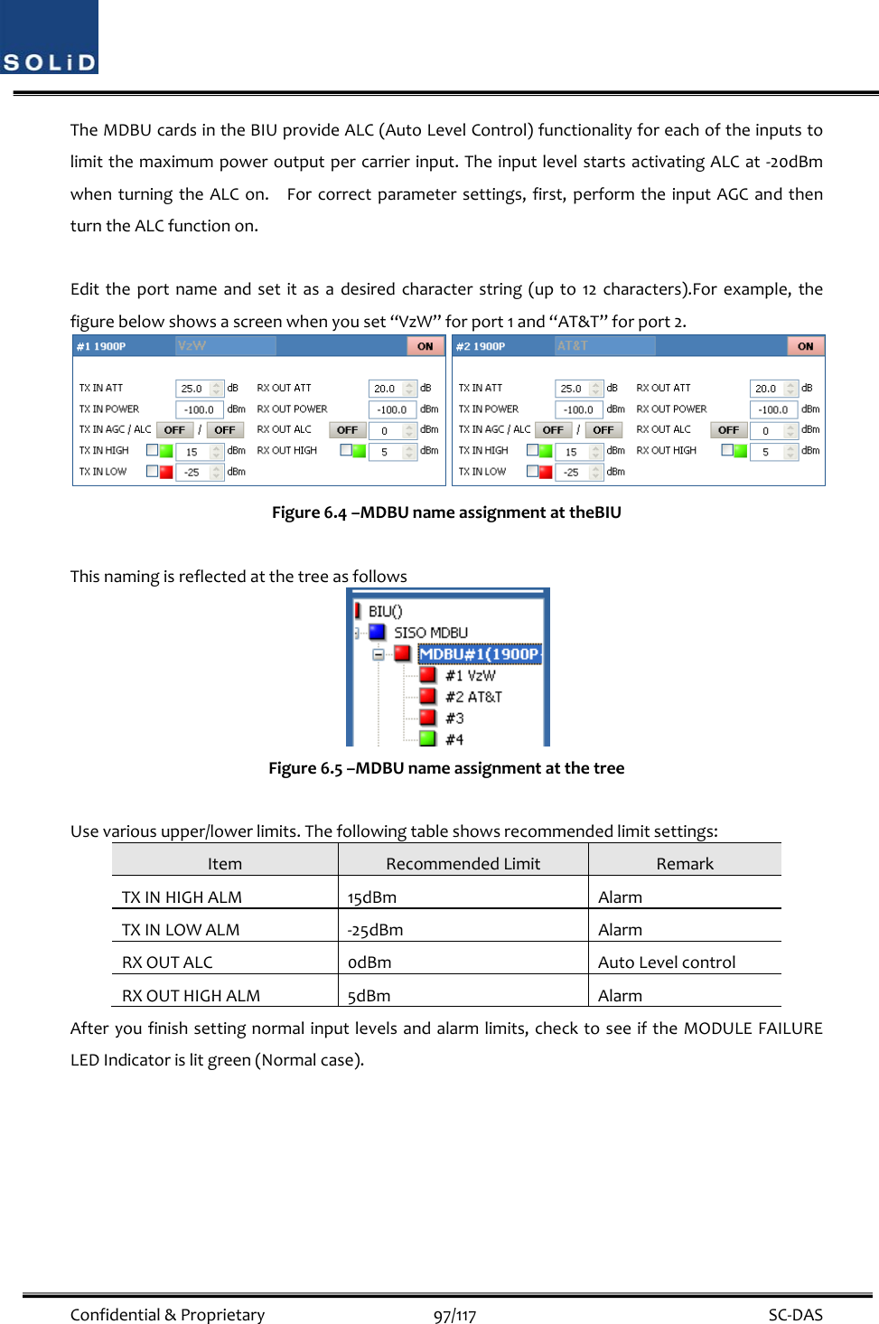  Confidential&amp;Proprietary97/117 SC‐DASTheMDBUcardsintheBIUprovideALC(AutoLevelControl)functionalityforeachoftheinputstolimitthemaximumpoweroutputpercarrierinput.TheinputlevelstartsactivatingALCat‐20dBmwhenturningtheALCon.Forcorrectparametersettings,first,performtheinputAGCandthenturntheALCfunctionon.Edittheportnameandsetitasadesiredcharacterstring(upto12characters).Forexample,thefigurebelowshowsascreenwhenyouset“VzW”forport1and“AT&amp;T”forport2.Figure6.4–MDBUnameassignmentattheBIUThisnamingisreflectedatthetreeasfollowsFigure6.5–MDBUnameassignmentatthetreeUsevariousupper/lowerlimits.Thefollowingtableshowsrecommendedlimitsettings:ItemRecommendedLimitRemarkTXINHIGHALM15dBmAlarmTXINLOWALM‐25dBmAlarmRXOUTALC0dBmAutoLevelcontrolRXOUTHIGHALM5dBmAlarmAfteryoufinishsettingnormalinputlevelsandalarmlimits,checktoseeiftheMODULEFAILURELEDIndicatorislitgreen(Normalcase).