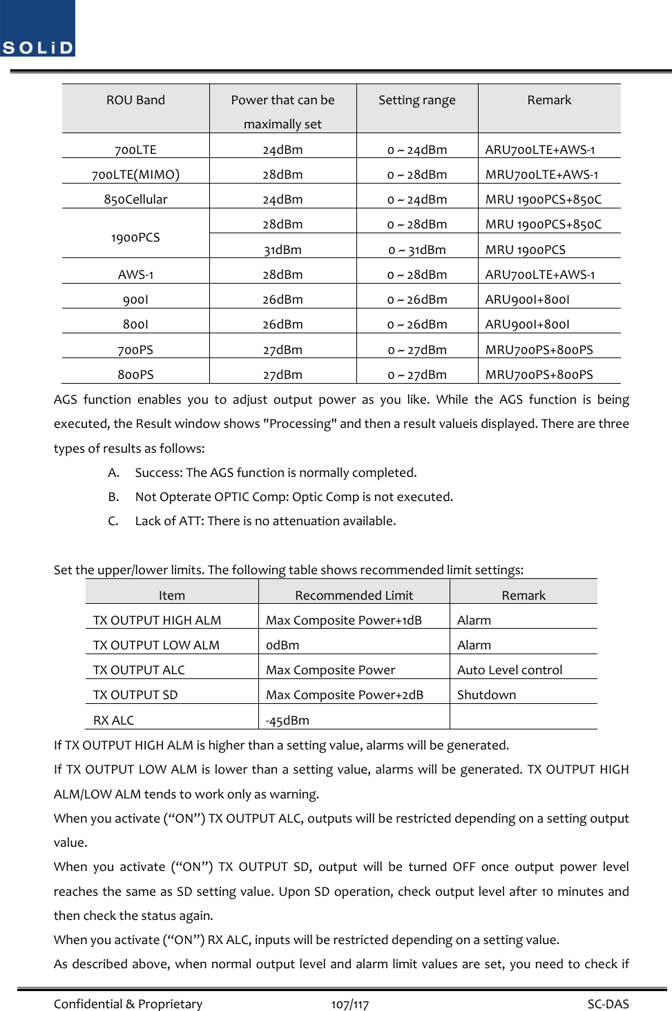  Confidential&amp;Proprietary107/117 SC‐DASROUBandPowerthatcanbemaximallysetSettingrangeRemark700LTE24dBm0~24dBmARU700LTE+AWS‐1700LTE(MIMO)28dBm0~28dBmMRU700LTE+AWS‐1850Cellular24dBm0~24dBmMRU1900PCS+850C1900PCS28dBm0~28dBmMRU1900PCS+850C31dBm0~31dBmMRU1900PCSAWS‐128dBm0~28dBmARU700LTE+AWS‐1900I26dBm0~26dBmARU900I+800I800I26dBm0~26dBmARU900I+800I700PS27dBm0~27dBmMRU700PS+800PS800PS27dBm0~27dBmMRU700PS+800PSAGSfunctionenablesyoutoadjustoutputpowerasyoulike.WhiletheAGSfunctionisbeingexecuted,theResultwindowshows&quot;Processing&quot;andthenaresultvalueisdisplayed.Therearethreetypesofresultsasfollows:A. Success:TheAGSfunctionisnormallycompleted.B. NotOpterateOPTICComp:OpticCompisnotexecuted.C. LackofATT:Thereisnoattenuationavailable.Settheupper/lowerlimits.Thefollowingtableshowsrecommendedlimitsettings:ItemRecommendedLimitRemarkTXOUTPUTHIGHALMMaxCompositePower+1dBAlarmTXOUTPUTLOWALM0dBmAlarmTXOUTPUTALCMaxCompositePowerAutoLevelcontrolTXOUTPUTSDMaxCompositePower+2dBShutdownRXALC‐45dBmIfTXOUTPUTHIGHALMishigherthanasettingvalue,alarmswillbegenerated.IfTXOUTPUTLOWALMislowerthanasettingvalue,alarmswillbegenerated.TXOUTPUTHIGHALM/LOWALMtendstoworkonlyaswarning.Whenyouactivate(“ON”)TXOUTPUTALC,outputswillberestricteddependingonasettingoutputvalue.Whenyouactivate(“ON”)TXOUTPUTSD,outputwillbeturnedOFFonceoutputpowerlevelreachesthesameasSDsettingvalue.UponSDoperation,checkoutputlevelafter10minutesandthencheckthestatusagain.Whenyouactivate(“ON”)RXALC,inputswillberestricteddependingonasettingvalue.Asdescribedabove,whennormaloutputlevelandalarmlimitvaluesareset,youneedtocheckif