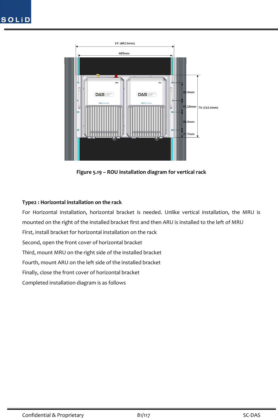  Confidential&amp;Proprietary81/117 SC‐DASFigure5.19–ROUinstallationdiagramforverticalrackType2:HorizontalinstallationontherackForHorizontalinstallation,horizontalbracketisneeded.Unlikeverticalinstallation,theMRUismountedontherightoftheinstalledbracketfirstandthenARUisinstalledtotheleftofMRUFirst,installbracketforhorizontalinstallationontherackSecond,openthefrontcoverofhorizontalbracketThird,mountMRUontherightsideoftheinstalledbracketFourth,mountARUontheleftsideoftheinstalledbracketFinally,closethefrontcoverofhorizontalbracketCompletedinstallationdiagramisasfollows