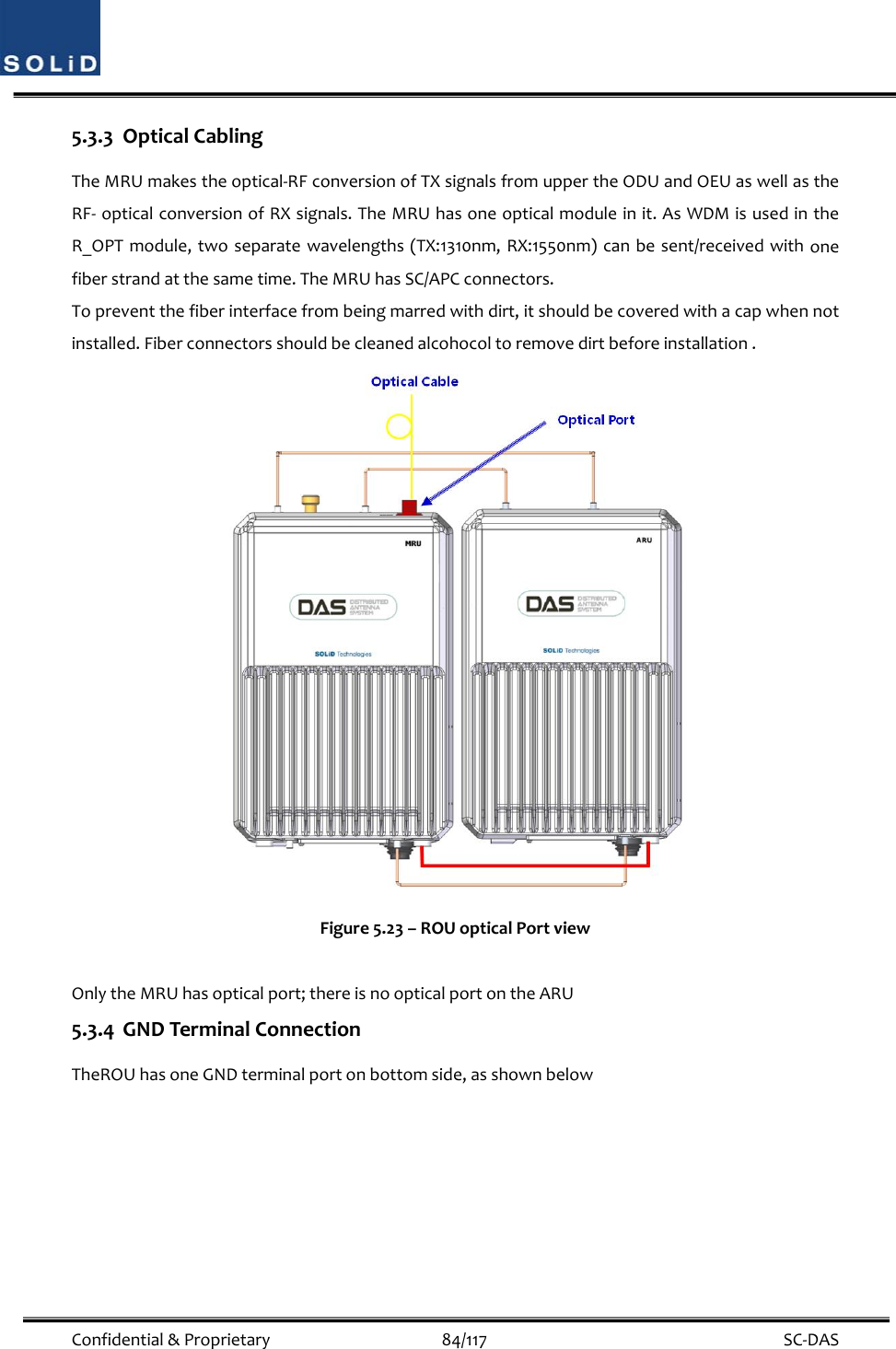  Confidential&amp;Proprietary84/117 SC‐DAS5.3.3 OpticalCablingTheMRUmakestheoptical‐RFconversionofTXsignalsfromuppertheODUandOEUaswellastheRF‐opticalconversionofRXsignals.TheMRUhasoneopticalmoduleinit.AsWDMisusedintheR_OPTmodule,twoseparatewavelengths(TX:1310nm,RX:1550nm)canbesent/receivedwithonefiberstrandatthesametime.TheMRUhasSC/APCconnectors.Topreventthefiberinterfacefrombeingmarredwithdirt,itshouldbecoveredwithacapwhennotinstalled.Fiberconnectorsshouldbecleanedalcohocoltoremovedirtbeforeinstallation.Figure5.23–ROUopticalPortviewOnlytheMRUhasopticalport;thereisnoopticalportontheARU5.3.4 GNDTerminalConnectionTheROUhasoneGNDterminalportonbottomside,asshownbelow