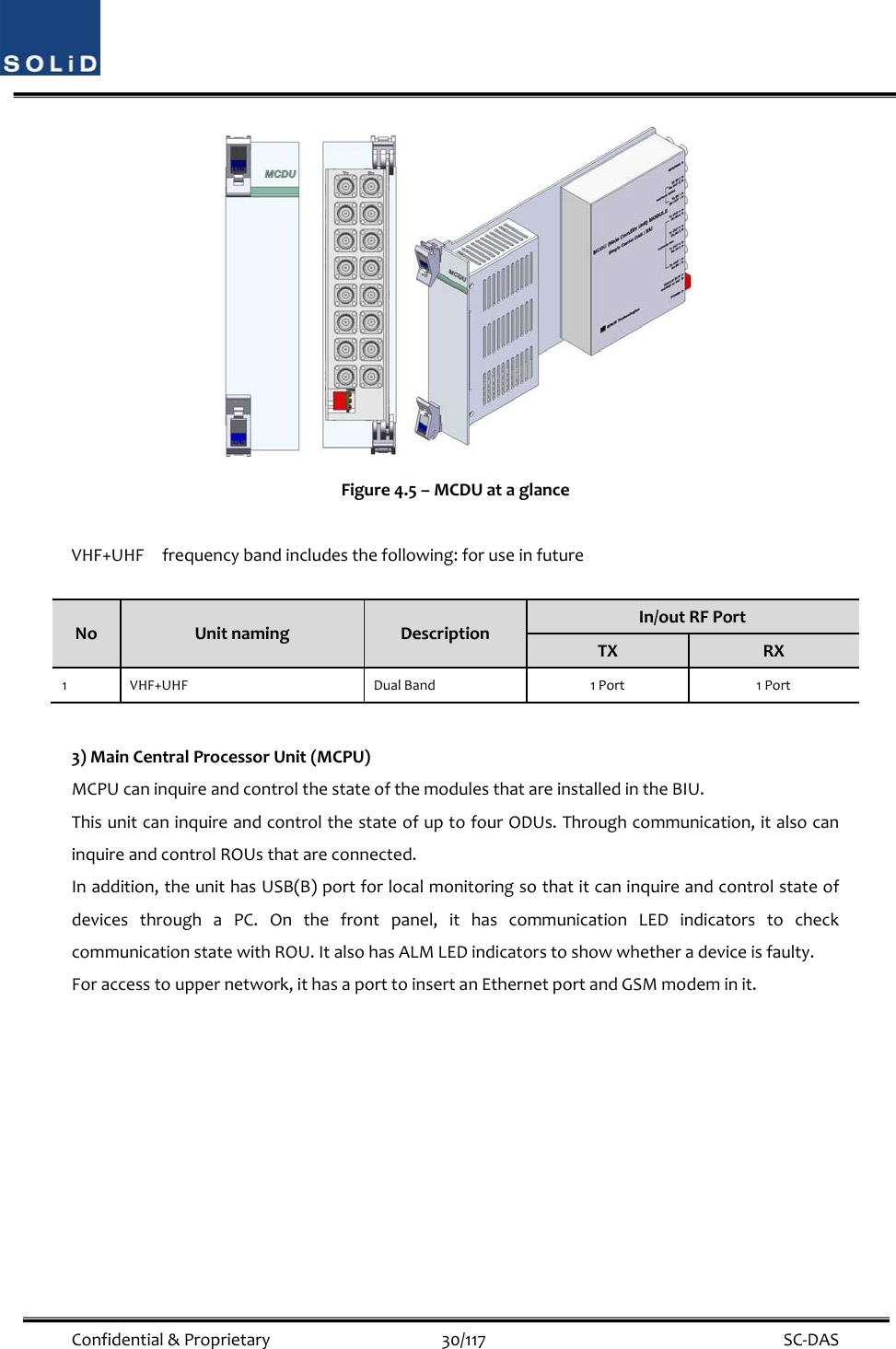  Confidential&amp;Proprietary30/117 SC‐DASFigure4.5–MCDUataglanceVHF+UHFfrequencybandincludesthefollowing:foruseinfutureNoUnitnamingDescriptionIn/outRFPortTXRX1VHF+UHFDualBand1Port1Port3)MainCentralProcessorUnit(MCPU)MCPUcaninquireandcontrolthestateofthemodulesthatareinstalledintheBIU.ThisunitcaninquireandcontrolthestateofuptofourODUs.Throughcommunication,italsocaninquireandcontrolROUsthatareconnected.Inaddition,theunithasUSB(B)portforlocalmonitoringsothatitcaninquireandcontrolstateofdevicesthroughaPC.Onthefrontpanel,ithascommunicationLEDindicatorstocheckcommunicationstatewithROU.ItalsohasALMLEDindicatorstoshowwhetheradeviceisfaulty.Foraccesstouppernetwork,ithasaporttoinsertanEthernetportandGSMmodeminit.