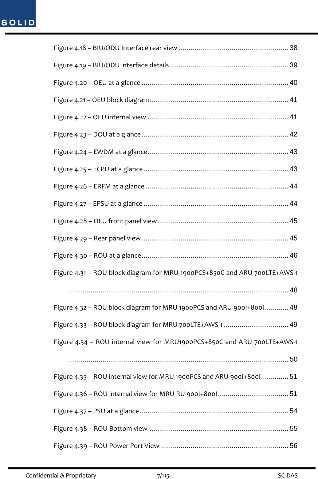  Confidential&amp;Proprietary7/115 SC‐DASFigure4.18–BIU/ODUInterfacerearview ........................................................ 38 Figure4.19–BIU/ODUinterfacedetails............................................................. 39 Figure4.20–OEUataglance ........................................................................... 40 Figure4.21–OEUblockdiagram ....................................................................... 41 Figure4.22–OEUinternalview ........................................................................ 41 Figure4.23–DOUataglance ........................................................................... 42 Figure4.24–EWDMataglance ........................................................................ 43 Figure4.25–ECPUataglance .......................................................................... 43 Figure4.26–ERFMataglance ......................................................................... 44 Figure4.27–EPSUataglance .......................................................................... 44 Figure4.28–OEUfrontpanelview ................................................................... 45 Figure4.29–Rearpanelview ........................................................................... 45 Figure4.30–ROUataglance ........................................................................... 46 Figure4.31–ROUblockdiagramforMRU1900PCS+850CandARU700LTE+AWS‐1 ................................................................................................................ 48 Figure4.32–ROUblockdiagramforMRU1900PCSandARU900I+800I ............ 48 Figure4.33–ROUblockdiagramforMRU700LTE+AWS‐1 ................................. 49 Figure4.34–ROUinternalviewforMRU1900PCS+850CandARU700LTE+AWS‐1 ................................................................................................................ 50 Figure4.35–ROUinternalviewforMRU1900PCSandARU900I+800I .............. 51 Figure4.36–ROUinternalviewforMRURU900I+800I ....................................  51 Figure4.37–PSUataglance ............................................................................  54 Figure4.38–ROUBottomview ....................................................................... 55 Figure4.39–ROUPowerPortView ................................................................. 56 