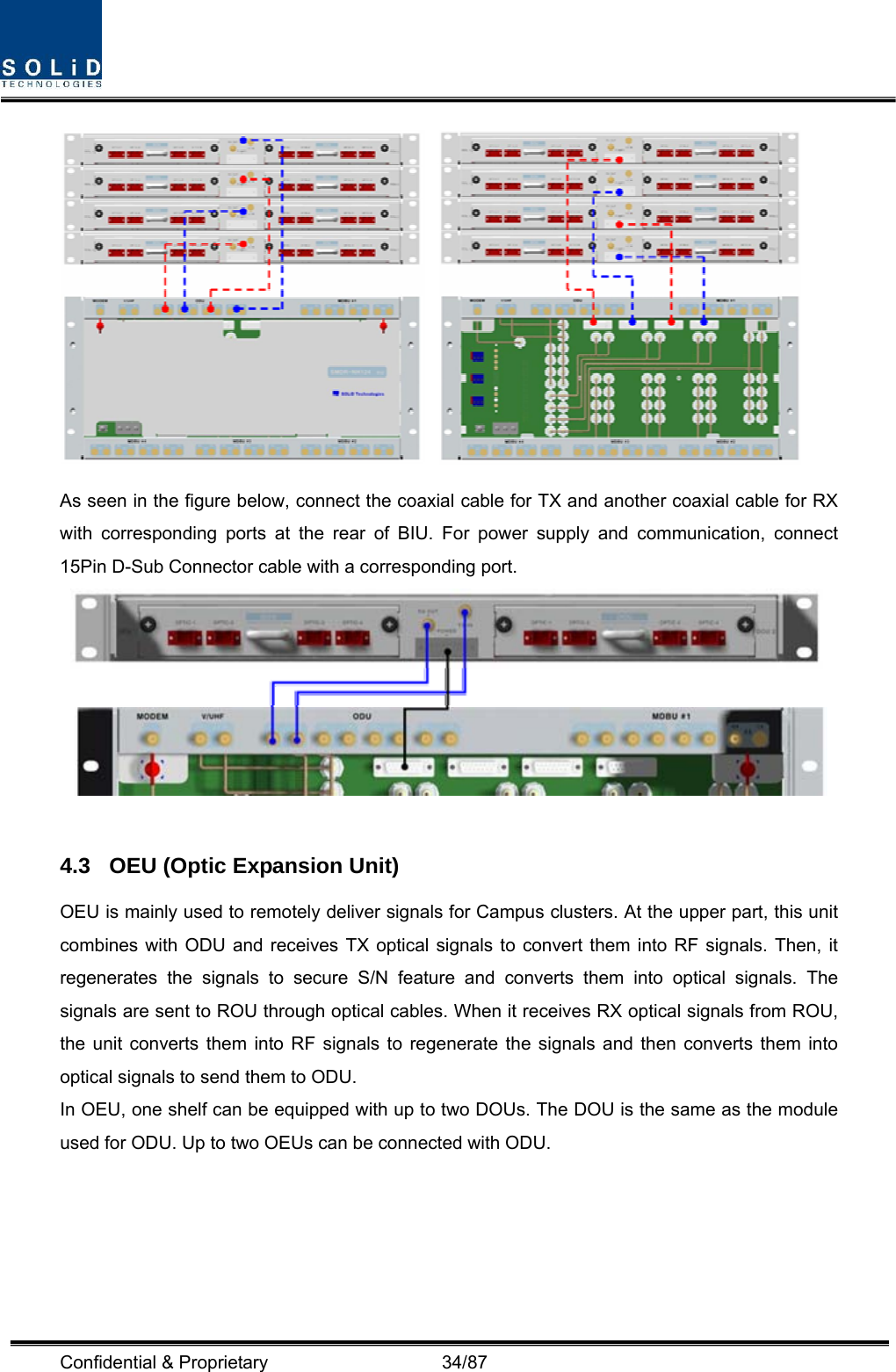  Confidential &amp; Proprietary                   34/87  As seen in the figure below, connect the coaxial cable for TX and another coaxial cable for RX with corresponding ports at the rear of BIU. For power supply and communication, connect 15Pin D-Sub Connector cable with a corresponding port.   4.3  OEU (Optic Expansion Unit) OEU is mainly used to remotely deliver signals for Campus clusters. At the upper part, this unit combines with ODU and receives TX optical signals to convert them into RF signals. Then, it regenerates the signals to secure S/N feature and converts them into optical signals. The signals are sent to ROU through optical cables. When it receives RX optical signals from ROU, the unit converts them into RF signals to regenerate the signals and then converts them into optical signals to send them to ODU. In OEU, one shelf can be equipped with up to two DOUs. The DOU is the same as the module used for ODU. Up to two OEUs can be connected with ODU.  