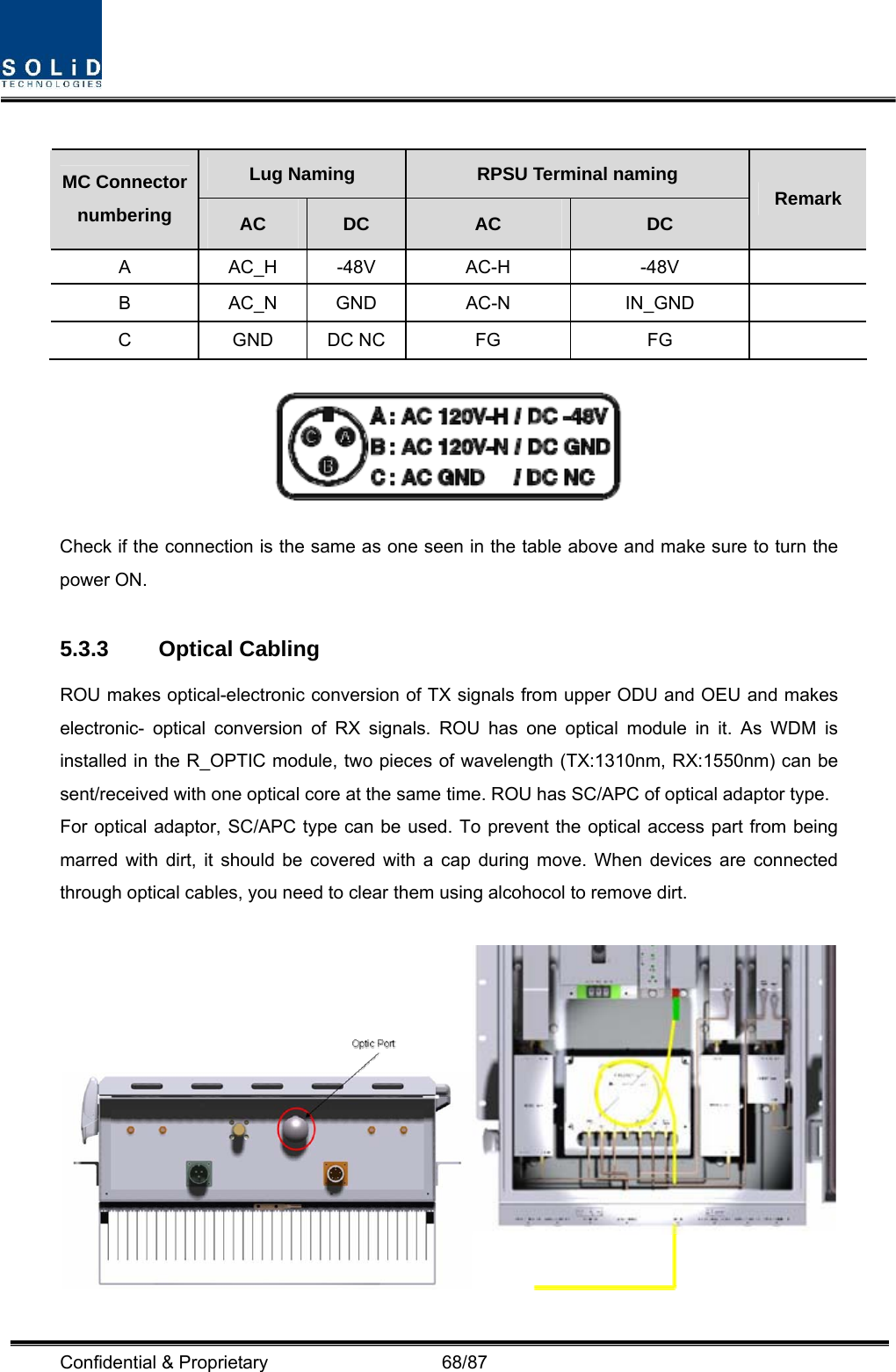  Confidential &amp; Proprietary                   68/87  Lug Naming  RPSU Terminal naming MC Connector numbering  AC  DC  AC  DC Remark A AC_H -48V AC-H  -48V   B AC_N GND AC-N  IN_GND   C GND DC NC FG  FG    Check if the connection is the same as one seen in the table above and make sure to turn the power ON.  5.3.3 Optical Cabling ROU makes optical-electronic conversion of TX signals from upper ODU and OEU and makes electronic- optical conversion of RX signals. ROU has one optical module in it. As WDM is installed in the R_OPTIC module, two pieces of wavelength (TX:1310nm, RX:1550nm) can be sent/received with one optical core at the same time. ROU has SC/APC of optical adaptor type. For optical adaptor, SC/APC type can be used. To prevent the optical access part from being marred with dirt, it should be covered with a cap during move. When devices are connected through optical cables, you need to clear them using alcohocol to remove dirt.   