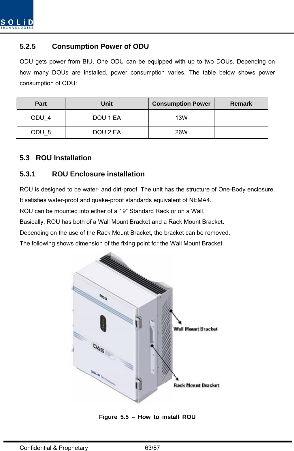  Confidential &amp; Proprietary                   63/87 5.2.5  Consumption Power of ODU   ODU gets power from BIU. One ODU can be equipped with up to two DOUs. Depending on how many DOUs are installed, power consumption varies. The table below shows power consumption of ODU:  Part  Unit  Consumption Power Remark ODU_4  DOU 1 EA  13W   ODU_8  DOU 2 EA  26W    5.3 ROU Installation 5.3.1  ROU Enclosure installation ROU is designed to be water- and dirt-proof. The unit has the structure of One-Body enclosure. It satisfies water-proof and quake-proof standards equivalent of NEMA4. ROU can be mounted into either of a 19” Standard Rack or on a Wall.   Basically, ROU has both of a Wall Mount Bracket and a Rack Mount Bracket. Depending on the use of the Rack Mount Bracket, the bracket can be removed. The following shows dimension of the fixing point for the Wall Mount Bracket.  Figure 5.5 – How to install ROU 