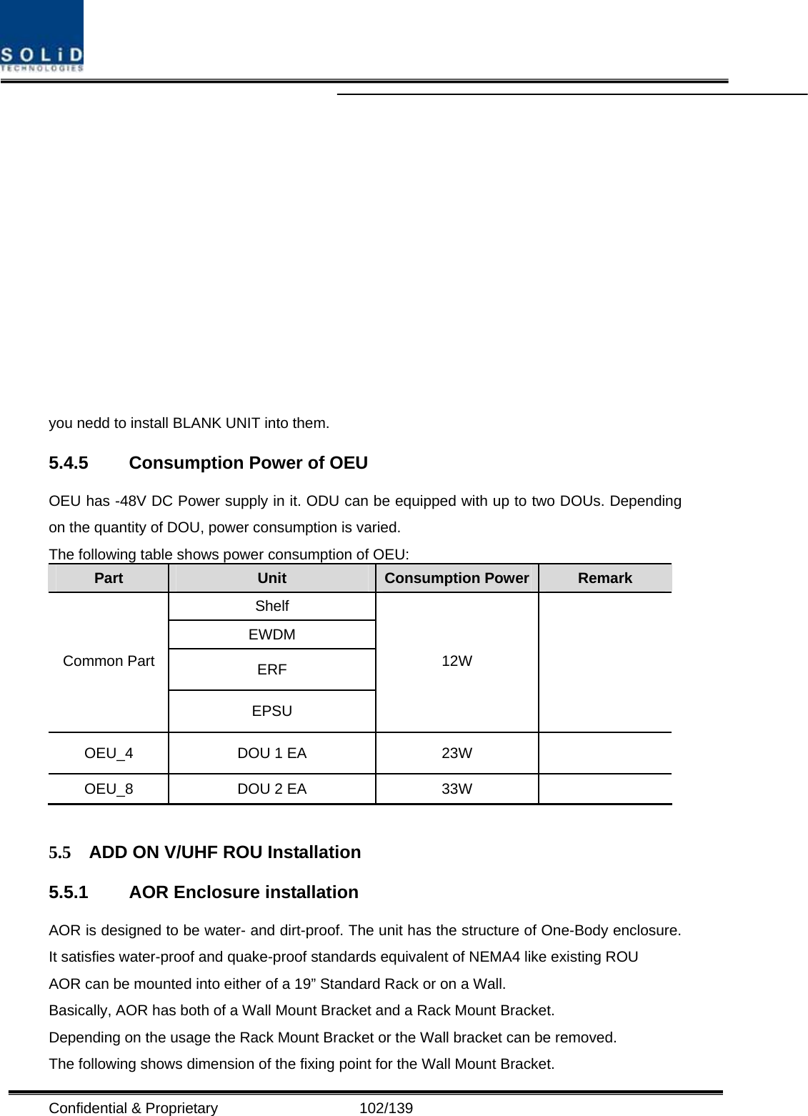  Confidential &amp; Proprietary                   102/139 you nedd to install BLANK UNIT into them.   5.4.5  Consumption Power of OEU   OEU has -48V DC Power supply in it. ODU can be equipped with up to two DOUs. Depending on the quantity of DOU, power consumption is varied.   The following table shows power consumption of OEU: Part  Unit  Consumption Power Remark Shelf EWDM ERF Common Part EPSU 12W  OEU_4  DOU 1 EA  23W   OEU_8  DOU 2 EA  33W    5.5  ADD ON V/UHF ROU Installation 5.5.1  AOR Enclosure installation AOR is designed to be water- and dirt-proof. The unit has the structure of One-Body enclosure. It satisfies water-proof and quake-proof standards equivalent of NEMA4 like existing ROU AOR can be mounted into either of a 19” Standard Rack or on a Wall.   Basically, AOR has both of a Wall Mount Bracket and a Rack Mount Bracket. Depending on the usage the Rack Mount Bracket or the Wall bracket can be removed. The following shows dimension of the fixing point for the Wall Mount Bracket. 