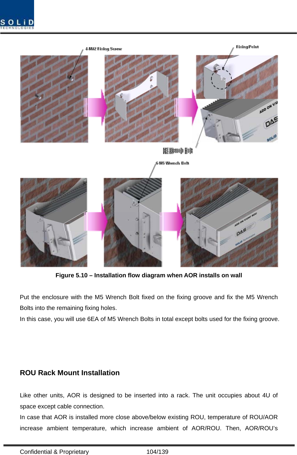  Confidential &amp; Proprietary                   104/139   Figure 5.10 – Installation flow diagram when AOR installs on wall    Put the enclosure with the M5 Wrench Bolt fixed on the fixing groove and fix the M5 Wrench Bolts into the remaining fixing holes. In this case, you will use 6EA of M5 Wrench Bolts in total except bolts used for the fixing groove.     ROU Rack Mount Installation  Like other units, AOR is designed to be inserted into a rack. The unit occupies about 4U of space except cable connection. In case that AOR is installed more close above/below existing ROU, temperature of ROU/AOR increase ambient temperature, which increase ambient of AOR/ROU. Then, AOR/ROU’s 