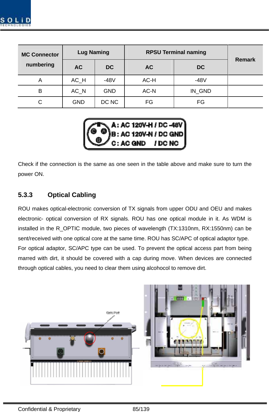  Confidential &amp; Proprietary                   85/139  Lug Naming  RPSU Terminal naming MC Connector numbering  AC  DC  AC  DC Remark A AC_H -48V AC-H  -48V   B AC_N GND AC-N  IN_GND   C GND DC NC FG  FG    Check if the connection is the same as one seen in the table above and make sure to turn the power ON.  5.3.3 Optical Cabling ROU makes optical-electronic conversion of TX signals from upper ODU and OEU and makes electronic- optical conversion of RX signals. ROU has one optical module in it. As WDM is installed in the R_OPTIC module, two pieces of wavelength (TX:1310nm, RX:1550nm) can be sent/received with one optical core at the same time. ROU has SC/APC of optical adaptor type. For optical adaptor, SC/APC type can be used. To prevent the optical access part from being marred with dirt, it should be covered with a cap during move. When devices are connected through optical cables, you need to clear them using alcohocol to remove dirt.   