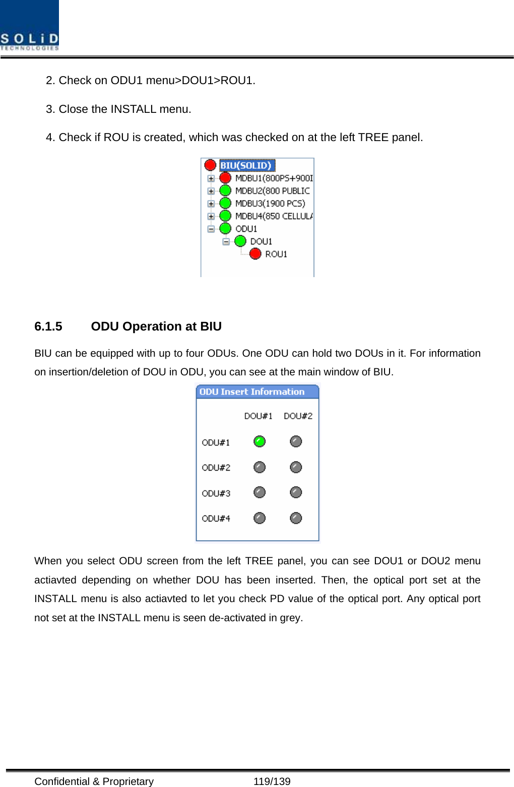  Confidential &amp; Proprietary                   119/139 2. Check on ODU1 menu&gt;DOU1&gt;ROU1. 3. Close the INSTALL menu. 4. Check if ROU is created, which was checked on at the left TREE panel.   6.1.5  ODU Operation at BIU BIU can be equipped with up to four ODUs. One ODU can hold two DOUs in it. For information on insertion/deletion of DOU in ODU, you can see at the main window of BIU.  When you select ODU screen from the left TREE panel, you can see DOU1 or DOU2 menu actiavted depending on whether DOU has been inserted. Then, the optical port set at the INSTALL menu is also actiavted to let you check PD value of the optical port. Any optical port not set at the INSTALL menu is seen de-activated in grey. 