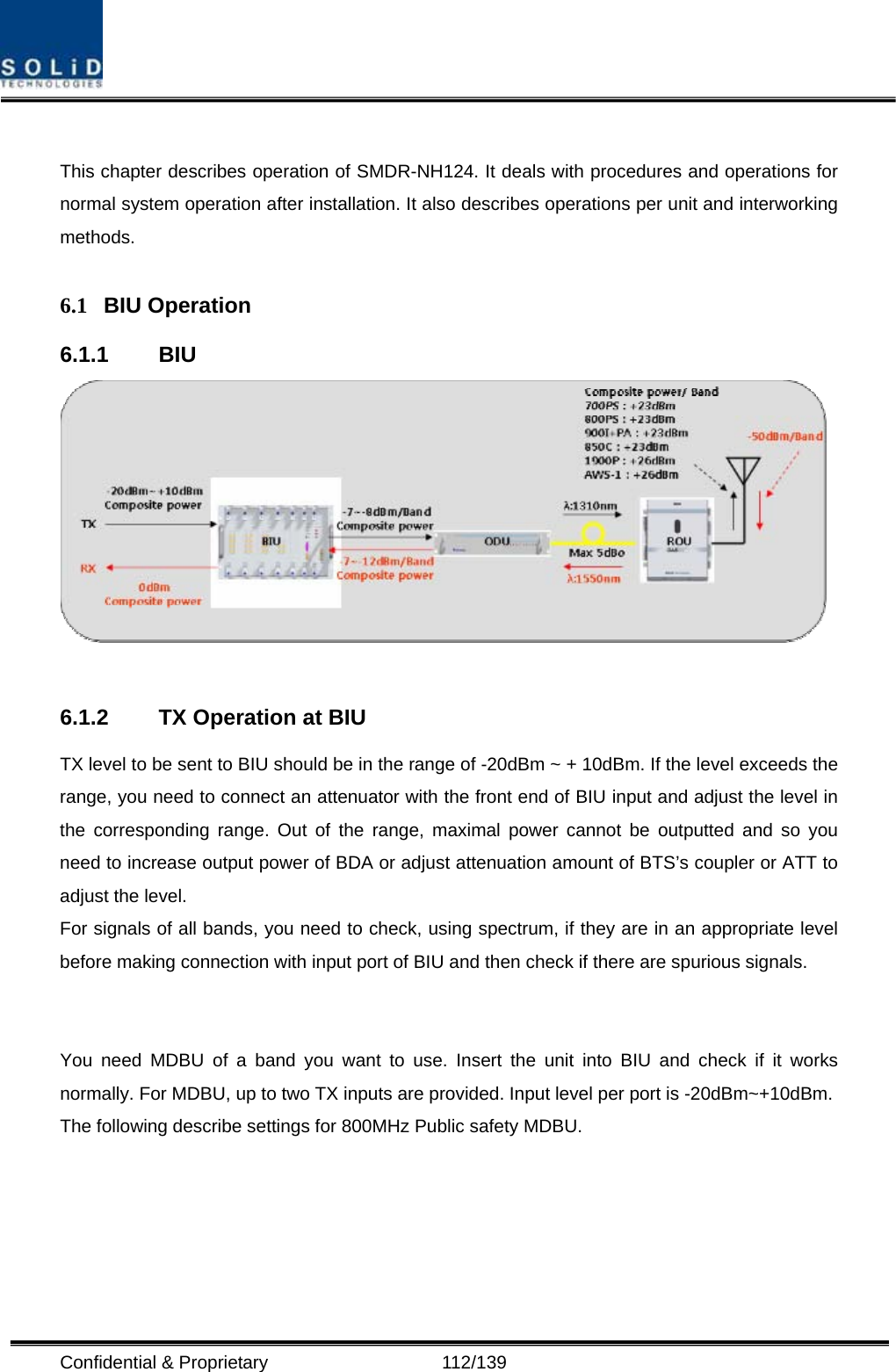  Confidential &amp; Proprietary                   112/139  This chapter describes operation of SMDR-NH124. It deals with procedures and operations for normal system operation after installation. It also describes operations per unit and interworking methods.  6.1   BIU Operation 6.1.1 BIU    6.1.2  TX Operation at BIU TX level to be sent to BIU should be in the range of -20dBm ~ + 10dBm. If the level exceeds the range, you need to connect an attenuator with the front end of BIU input and adjust the level in the corresponding range. Out of the range, maximal power cannot be outputted and so you need to increase output power of BDA or adjust attenuation amount of BTS’s coupler or ATT to adjust the level. For signals of all bands, you need to check, using spectrum, if they are in an appropriate level before making connection with input port of BIU and then check if there are spurious signals.   You need MDBU of a band you want to use. Insert the unit into BIU and check if it works normally. For MDBU, up to two TX inputs are provided. Input level per port is -20dBm~+10dBm. The following describe settings for 800MHz Public safety MDBU.      