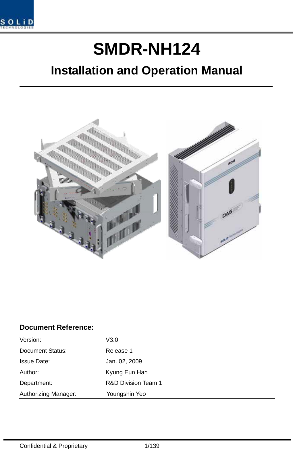  Confidential &amp; Proprietary                   1/139 SMDR-NH124 Installation and Operation Manual         Document Reference:      Version: V3.0 Document Status:  Release 1 Issue Date:  Jan. 02, 2009 Author:  Kyung Eun Han Department:  R&amp;D Division Team 1     Authorizing Manager:       Youngshin Yeo 