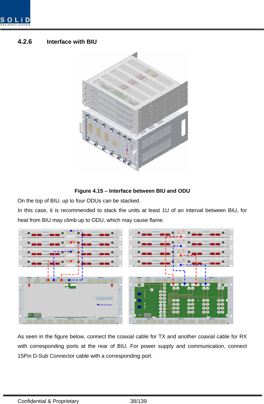  Confidential &amp; Proprietary                   38/139 4.2.6  Interface with BIU    Figure 4.15 – Interface between BIU and ODU On the top of BIU, up to four ODUs can be stacked. In this case, it is recommended to stack the units at least 1U of an interval between BIU, for heat from BIU may climb up to ODU, which may cause flame.  As seen in the figure below, connect the coaxial cable for TX and another coaxial cable for RX with corresponding ports at the rear of BIU. For power supply and communication, connect 15Pin D-Sub Connector cable with a corresponding port. 