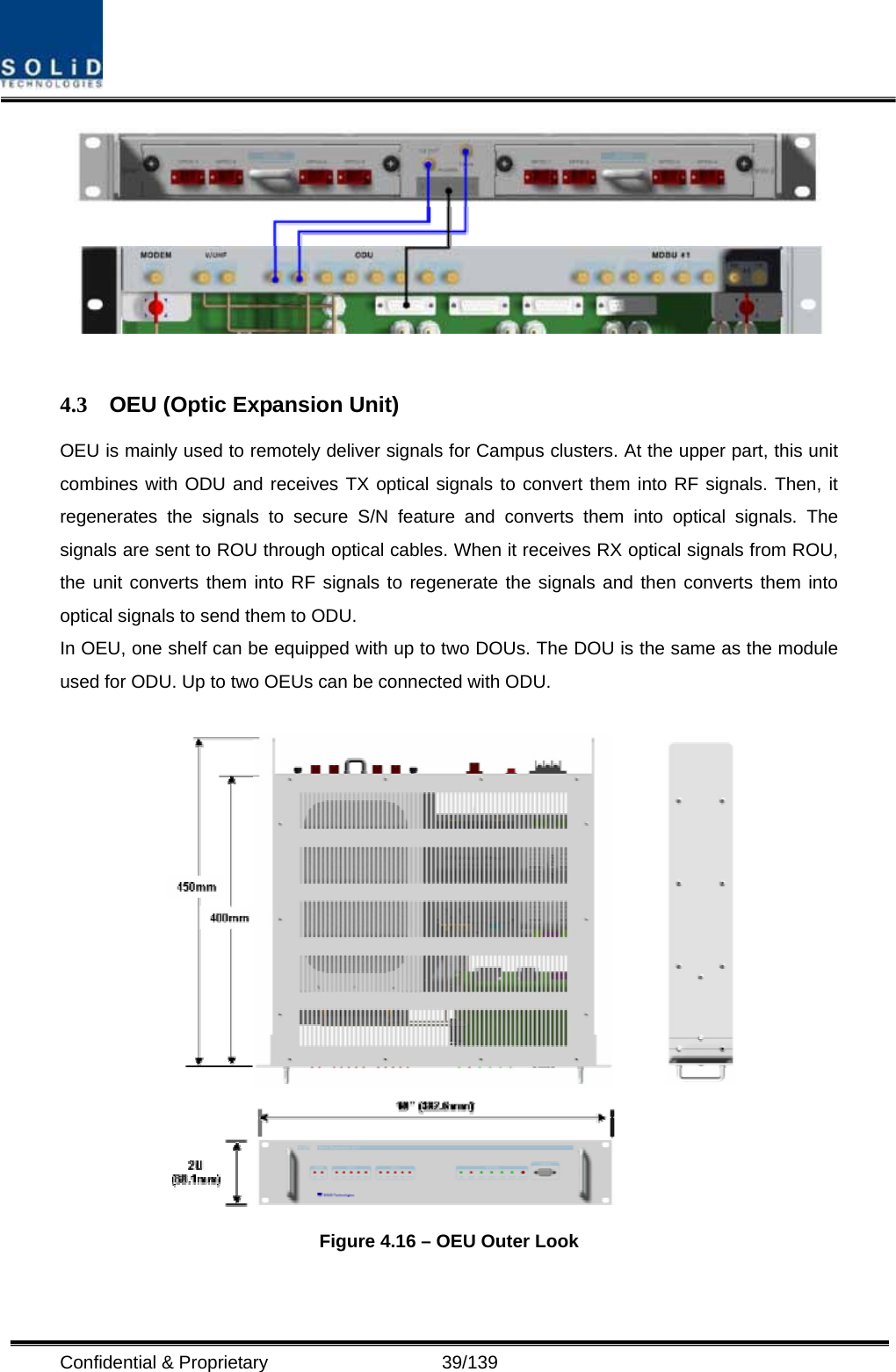  Confidential &amp; Proprietary                   39/139   4.3  OEU (Optic Expansion Unit) OEU is mainly used to remotely deliver signals for Campus clusters. At the upper part, this unit combines with ODU and receives TX optical signals to convert them into RF signals. Then, it regenerates the signals to secure S/N feature and converts them into optical signals. The signals are sent to ROU through optical cables. When it receives RX optical signals from ROU, the unit converts them into RF signals to regenerate the signals and then converts them into optical signals to send them to ODU. In OEU, one shelf can be equipped with up to two DOUs. The DOU is the same as the module used for ODU. Up to two OEUs can be connected with ODU.   Figure 4.16 – OEU Outer Look 